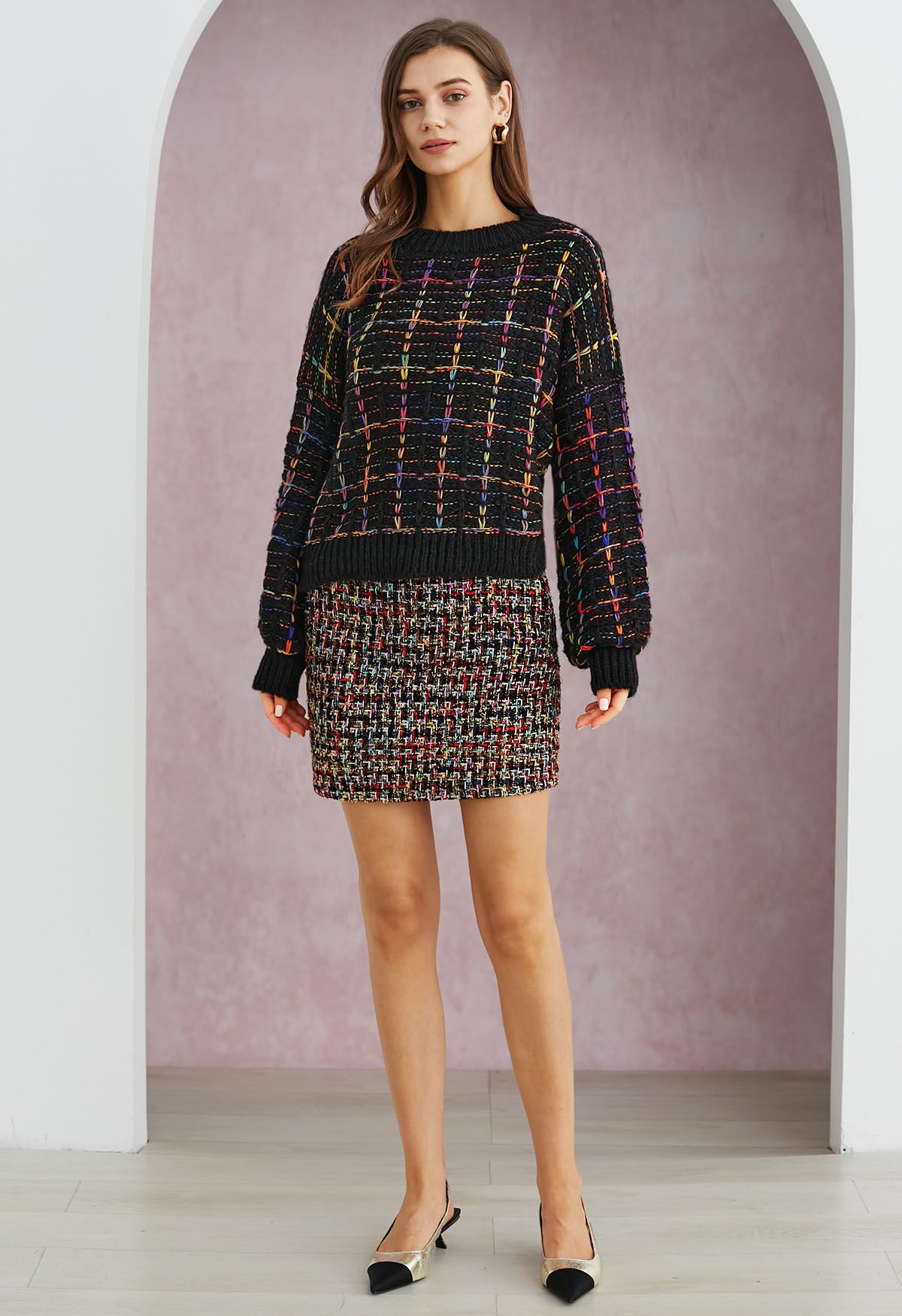 Color-Accented Grid Knit Sweater in Black