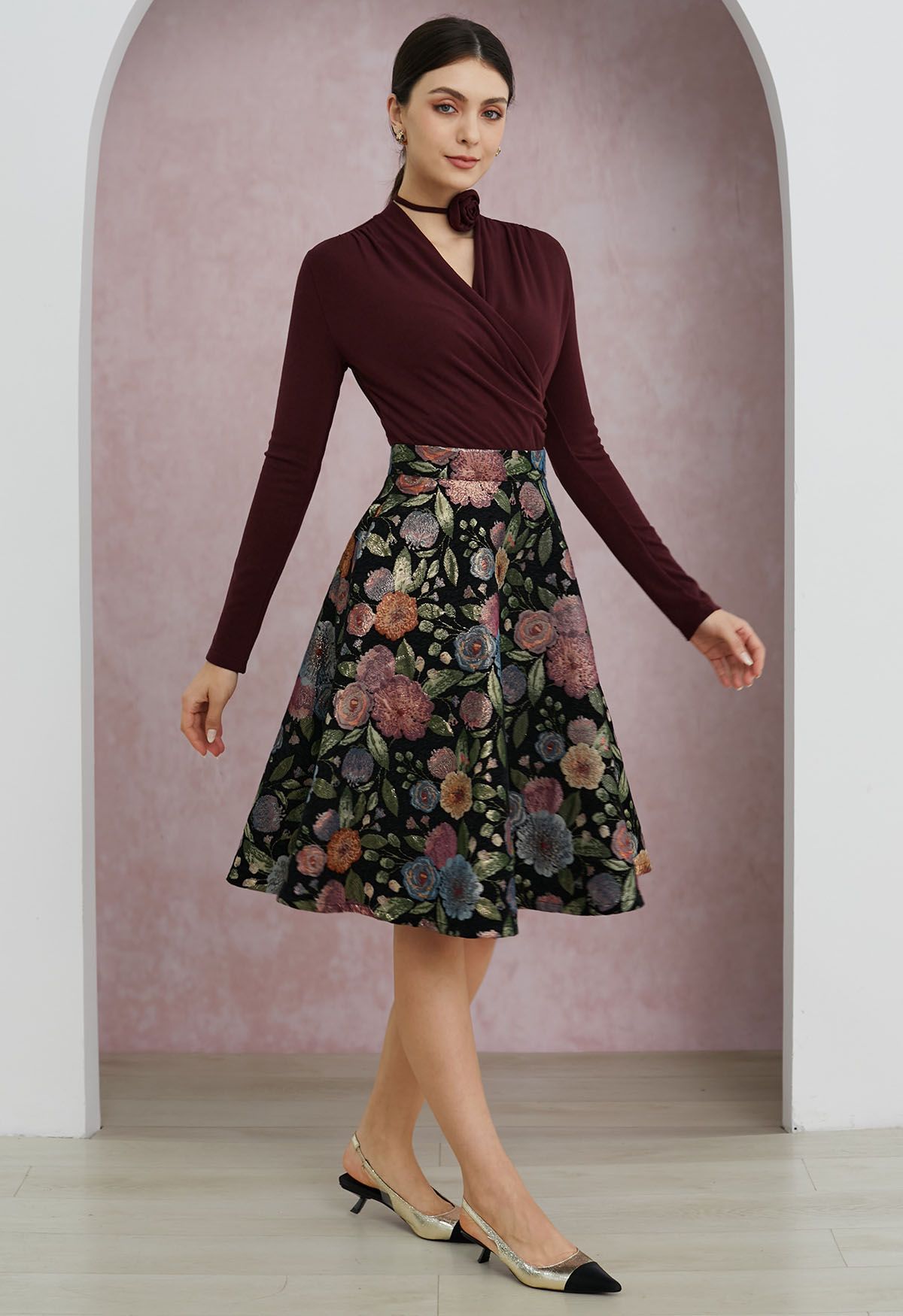 Fairy Garden Floral Jacquard A-Line Midi Skirt