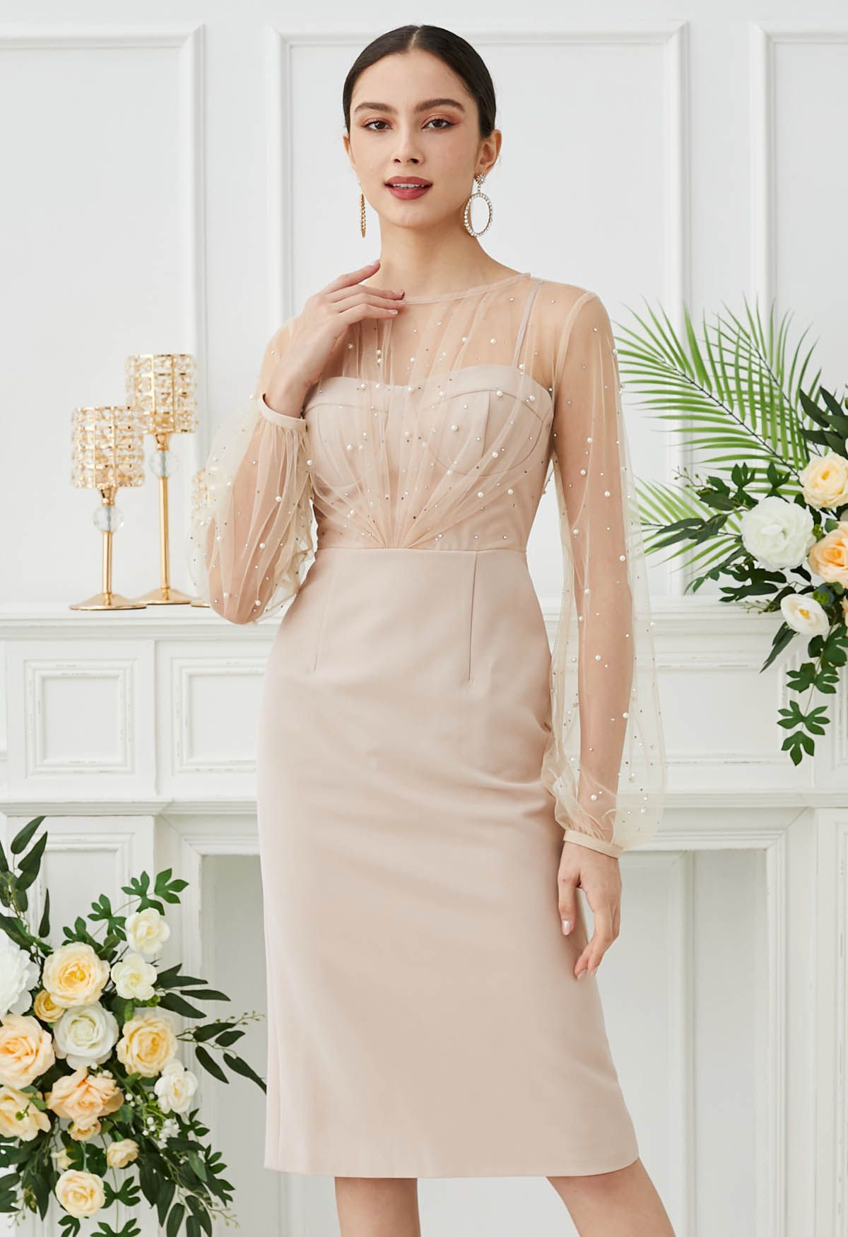 Glamorous Pearl Decor Mesh Spliced Midi Dress in Apricot