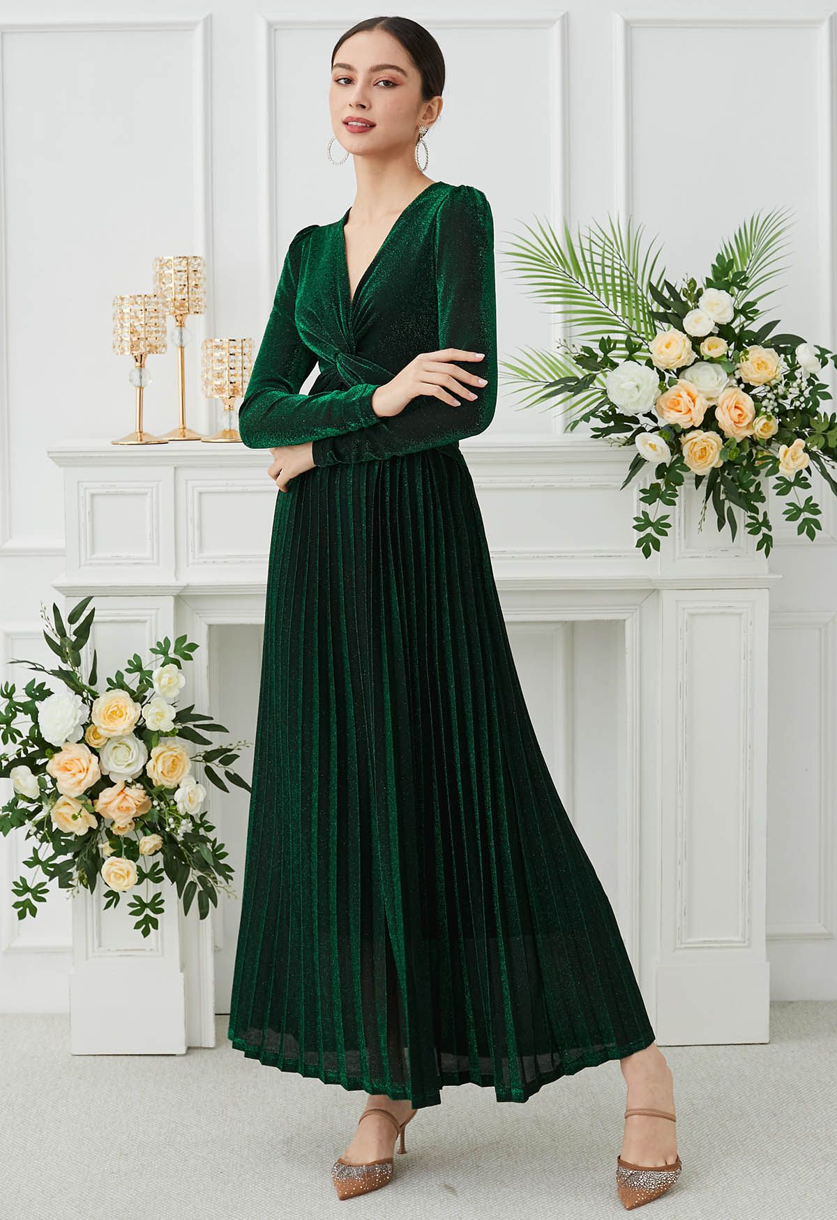 Glistening Twisted Front Pleated Maxi Dress in Emerald