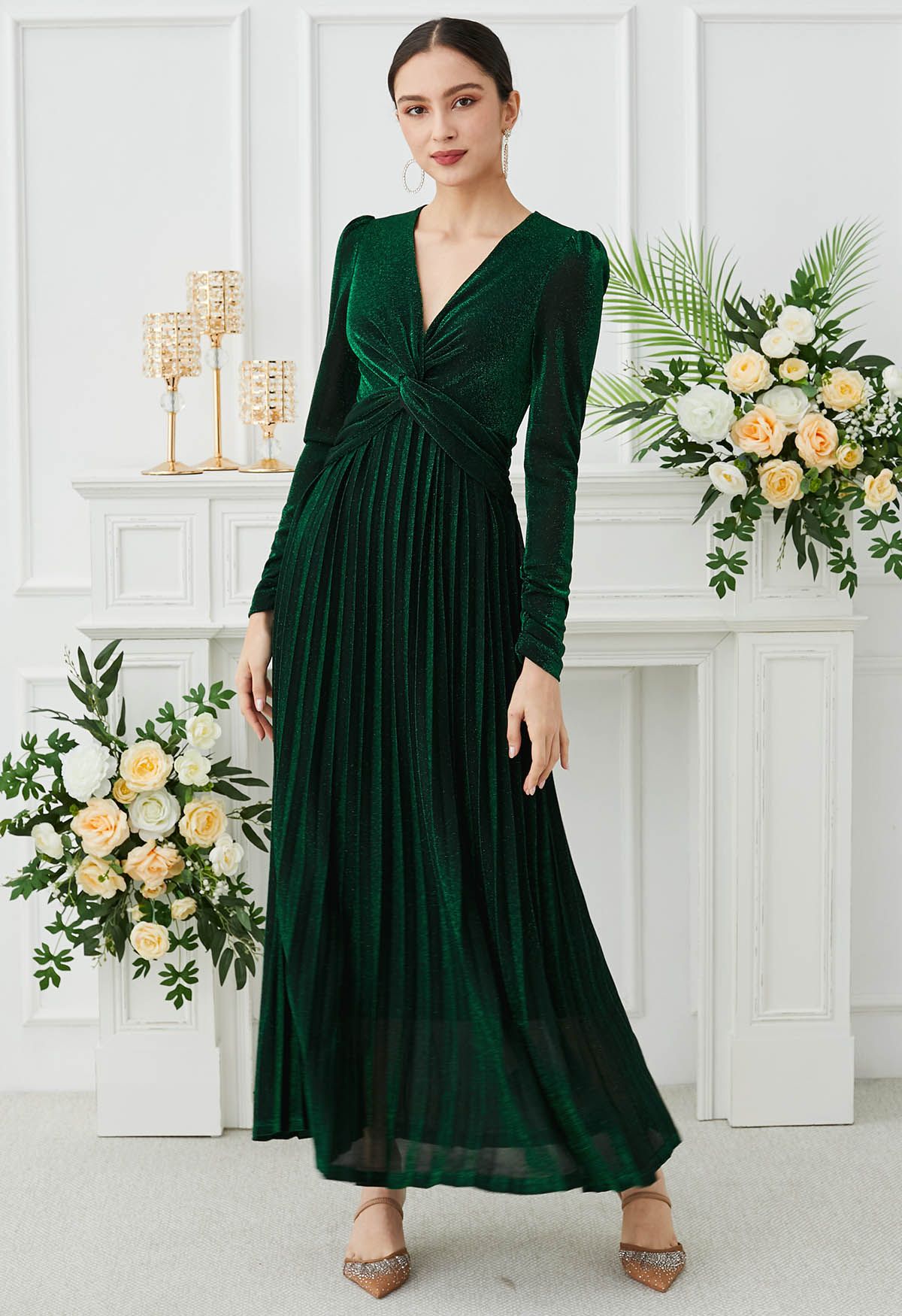 Glistening Twisted Front Pleated Maxi Dress in Emerald