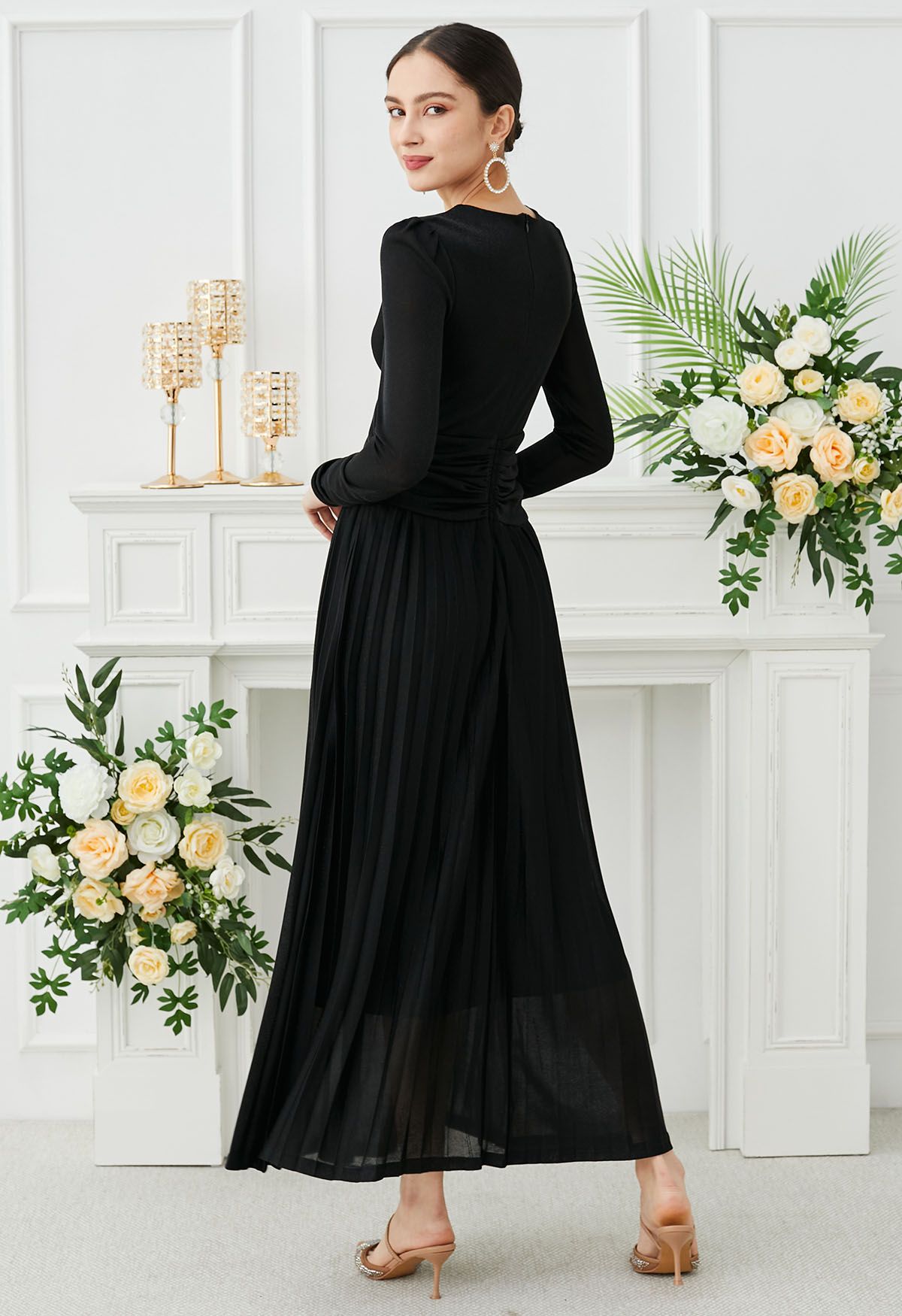 Glistening Twisted Front Pleated Maxi Dress in Black