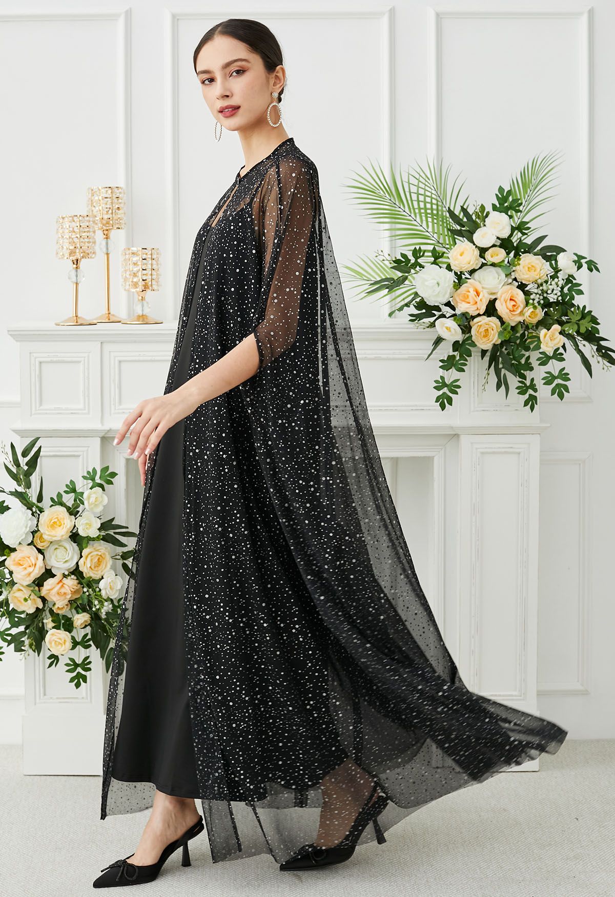 Glittery Mesh Maxi Cape Dress in Black