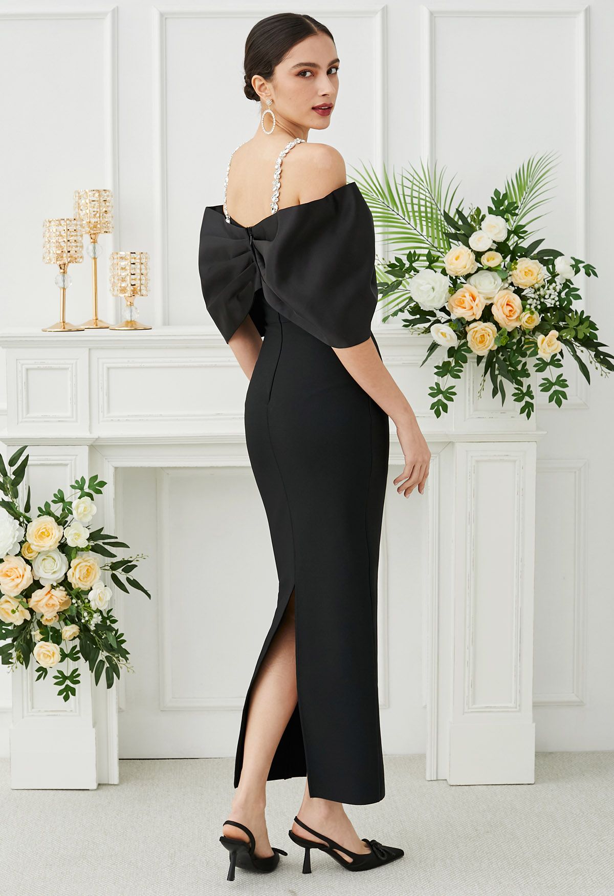 Rhinestones Decor Big Bow Cold-Shoulder Maxi Dress in Black