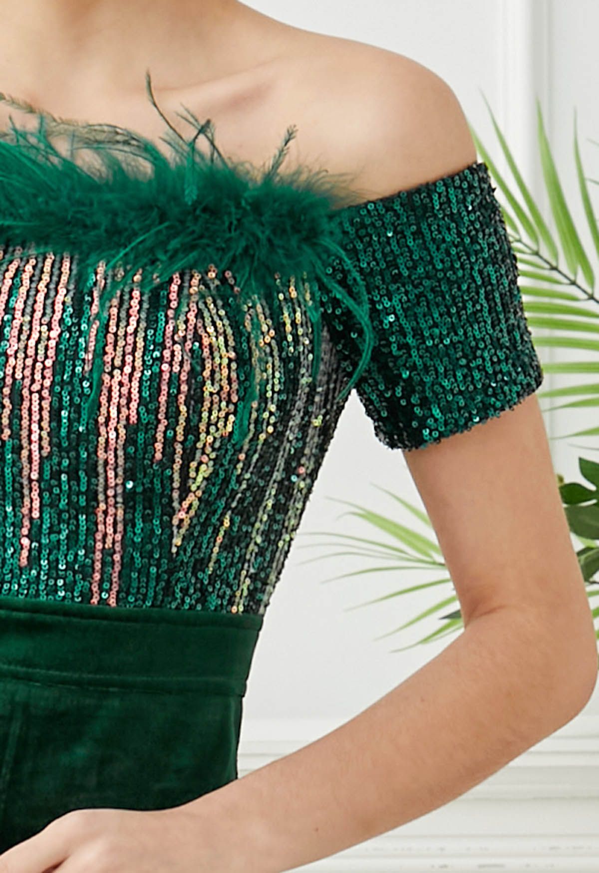 Off-Shoulder Feather Sequin High Slit Gown in Emerald