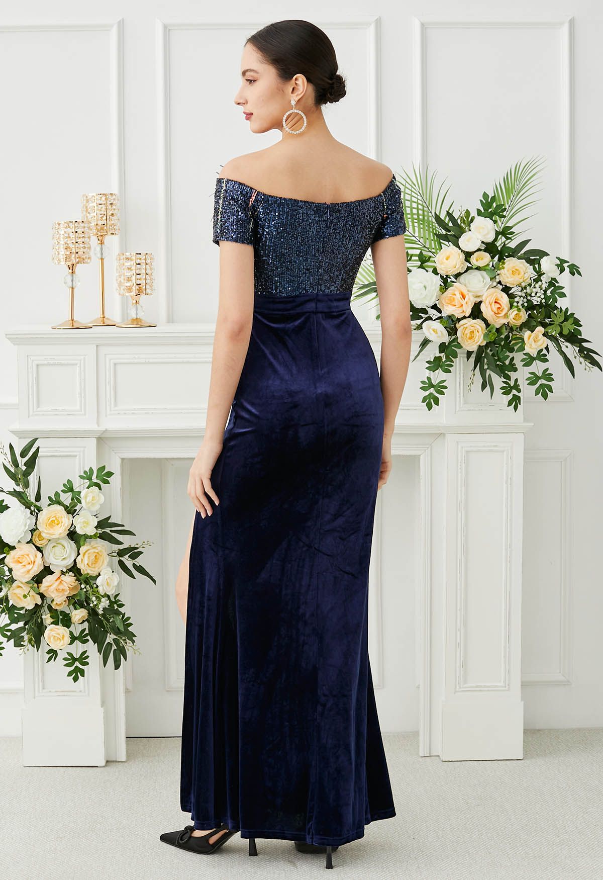 Off-Shoulder Feather Sequin High Slit Gown in Navy