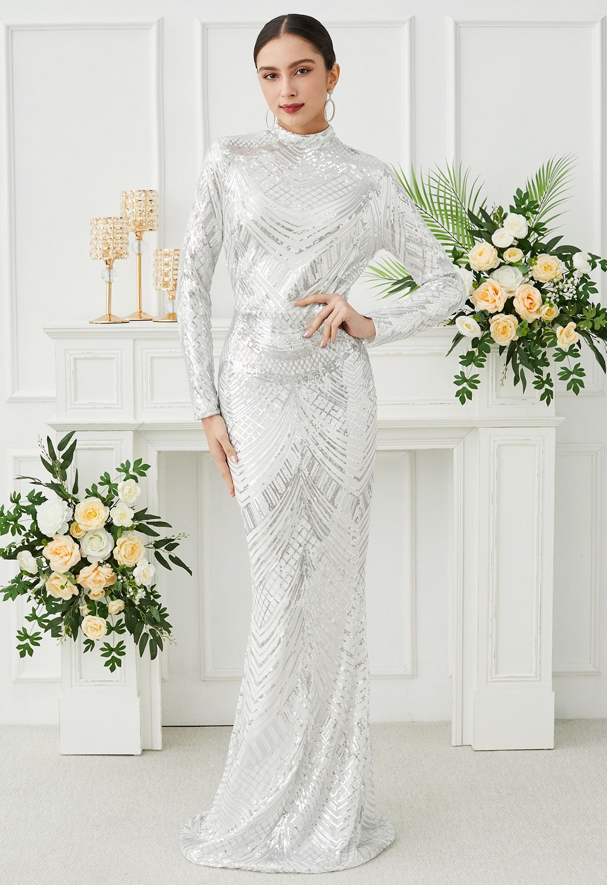 Geometric Sequin Mock Neck Mermaid Gown in White