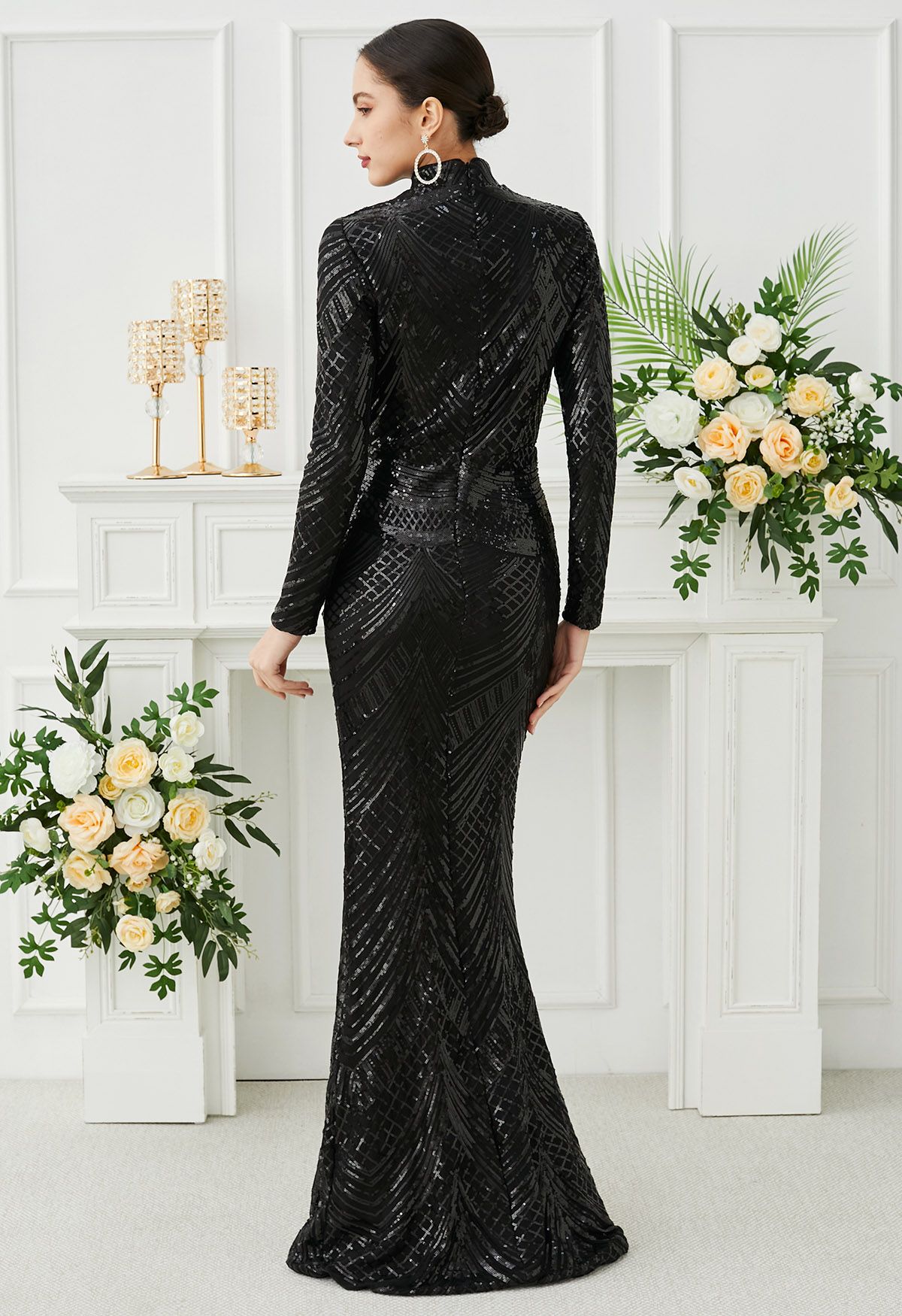 Geometric Sequin Mock Neck Mermaid Gown in Black