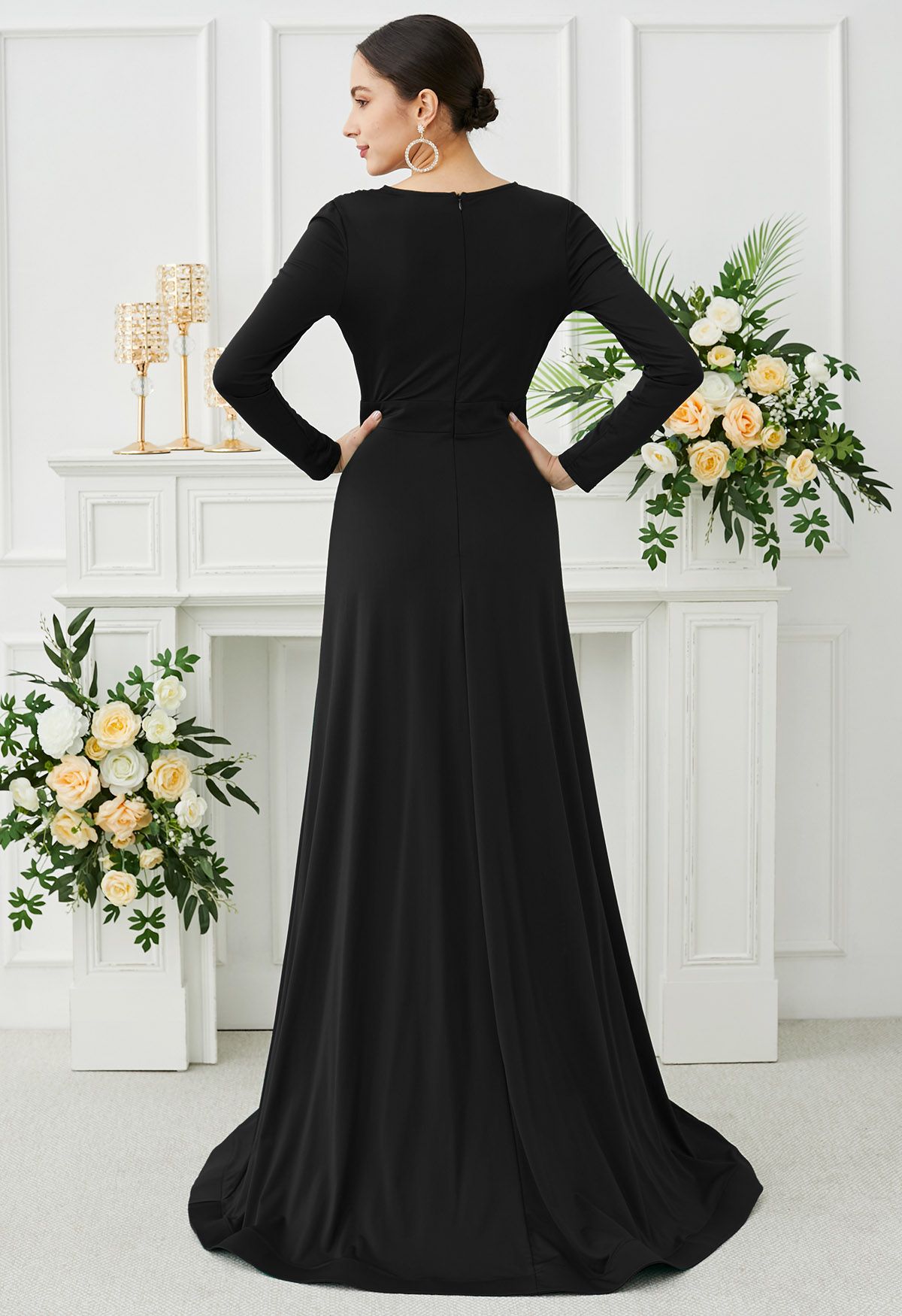 Deep V-Neck Front Split Maxi Gown in Black