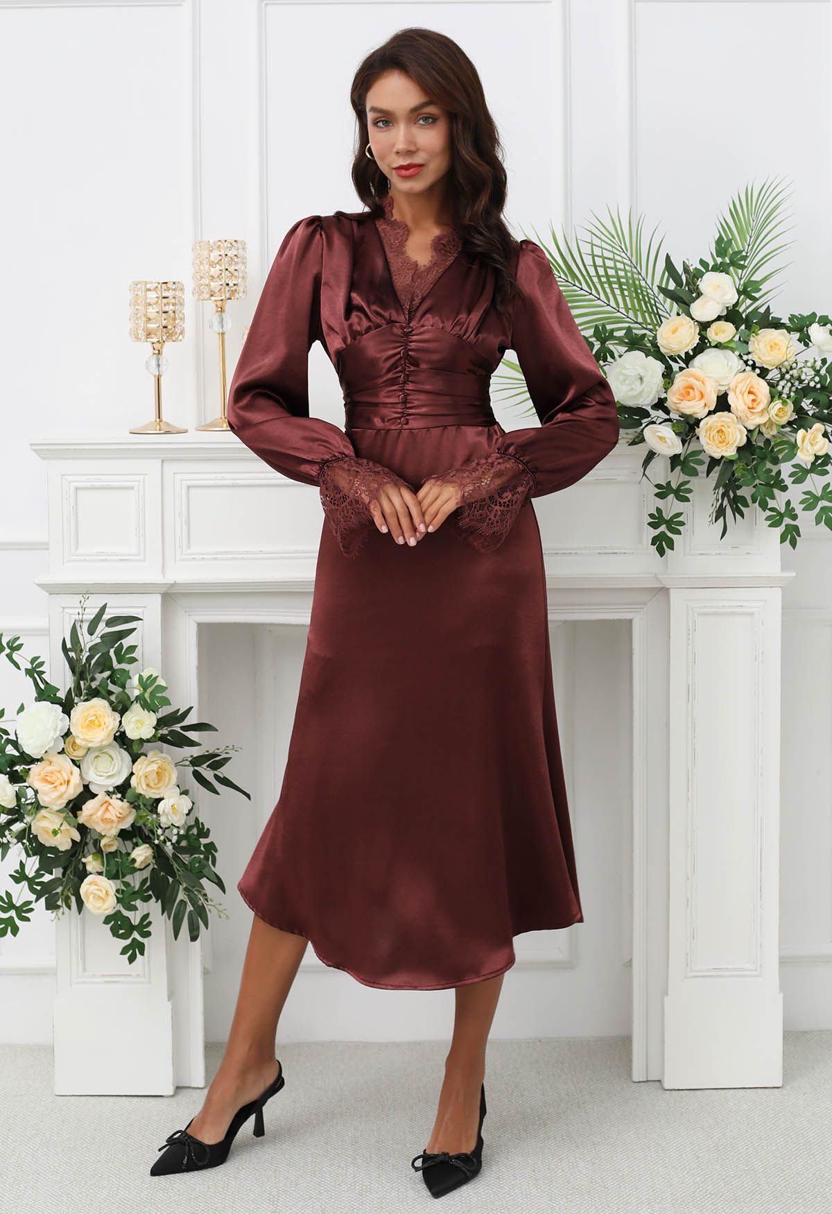 Lace Trim Ruched High Waist Satin Midi Dress in Burgundy