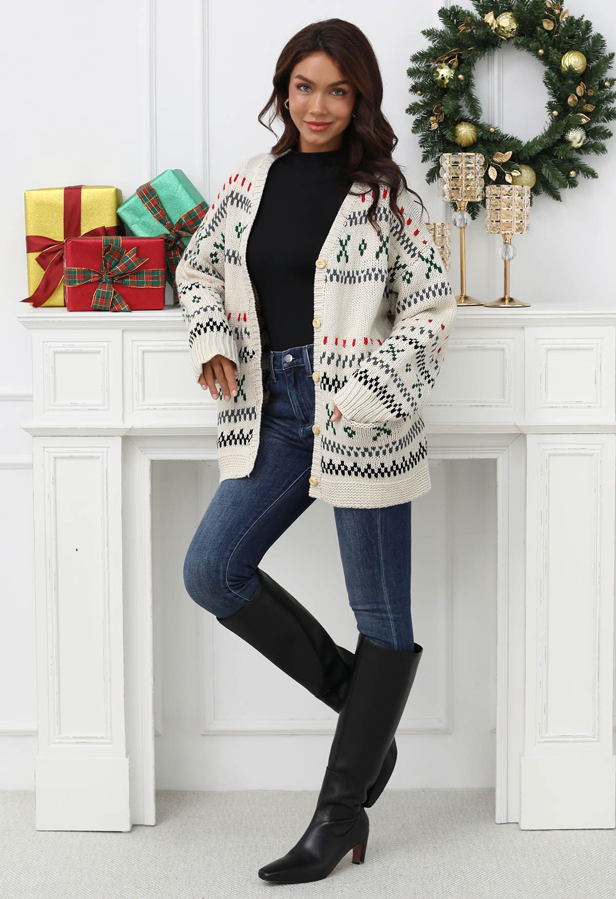 Cozy Fair Isle Button Down Knit Cardigan in Ivory