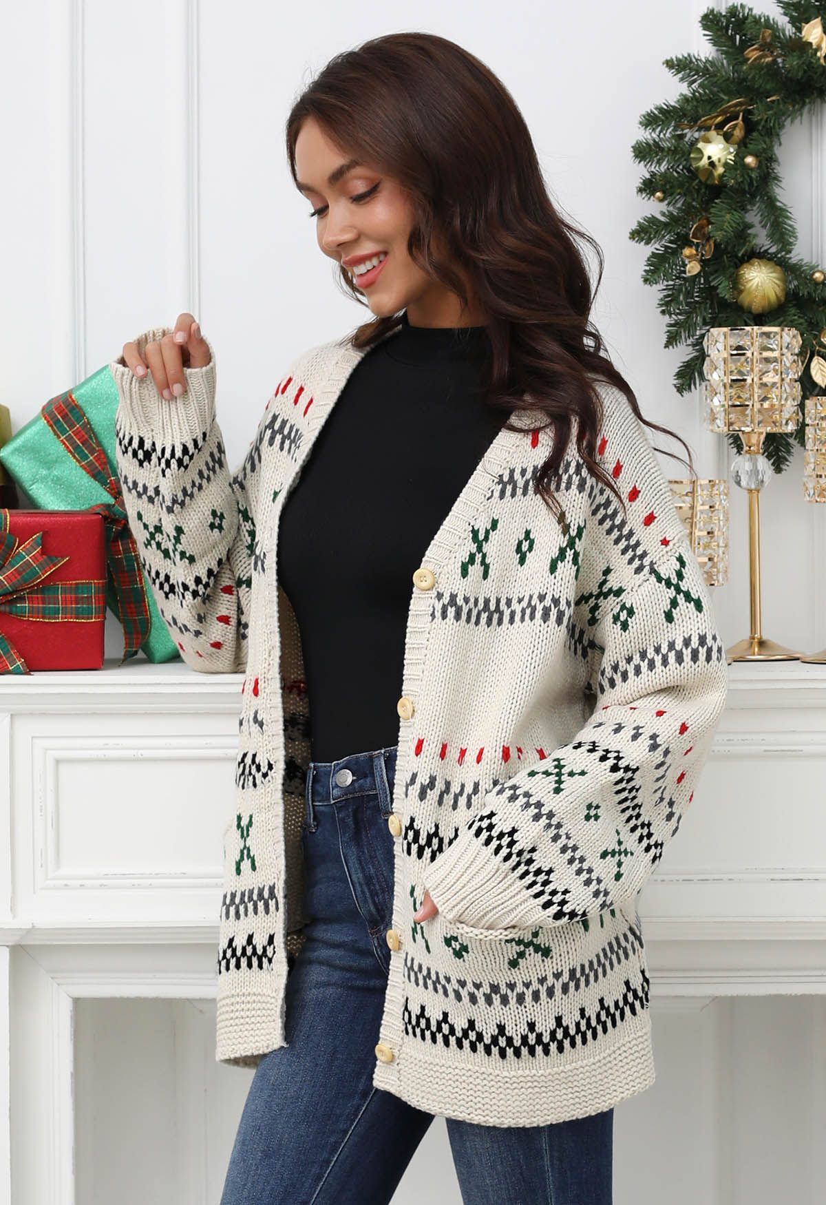 Cozy Fair Isle Button Down Knit Cardigan in Ivory