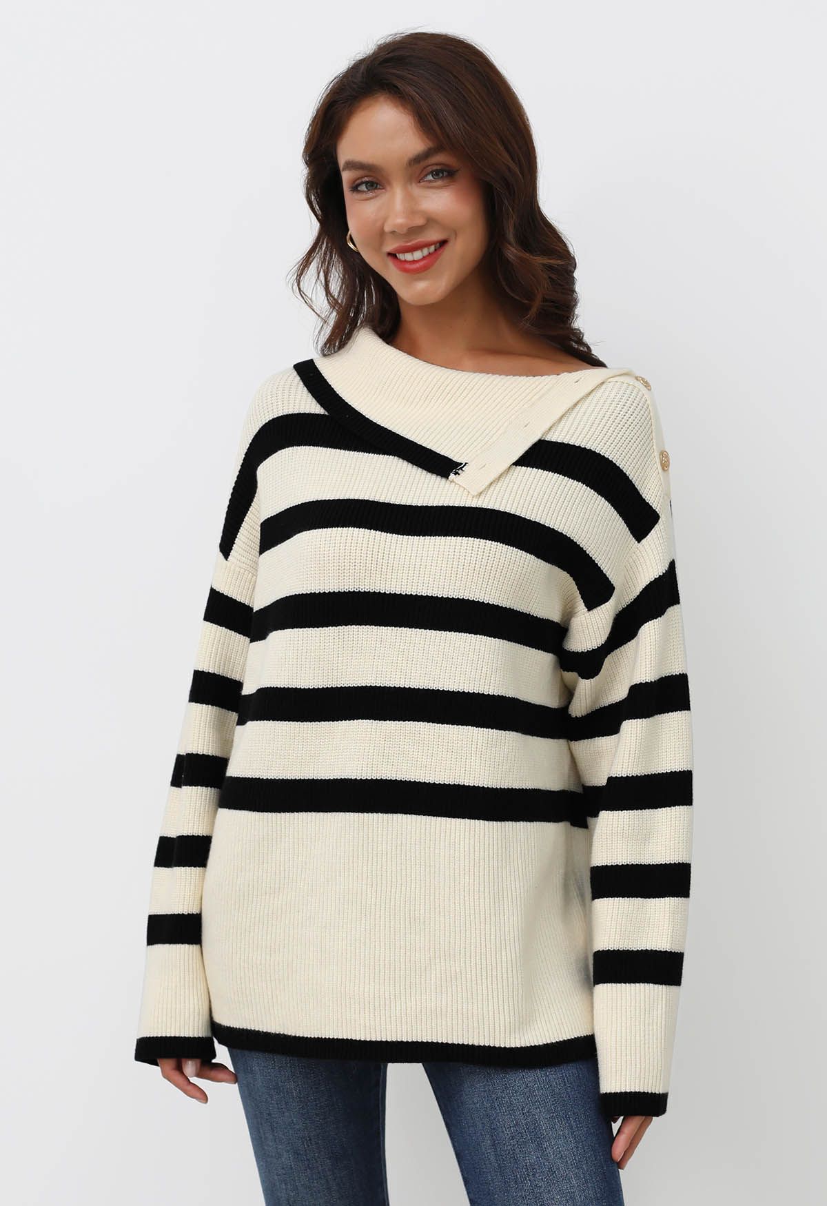 Buttoned Neck Striped Oversize Sweater in Cream