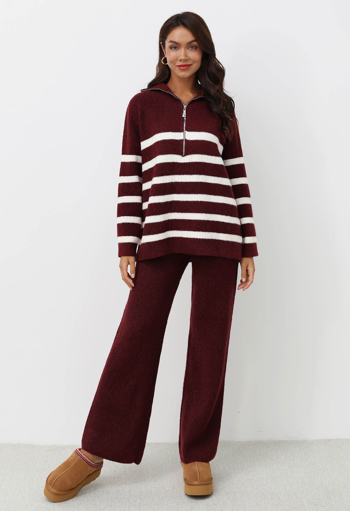 Burgundy Stripes Half-Zip Sweater and Pants Set