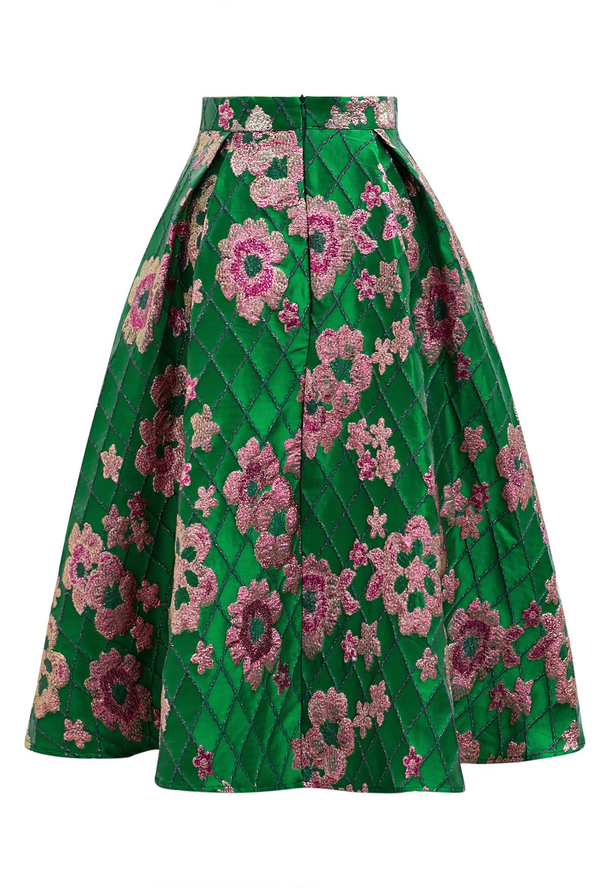 Falling Floral Grid Jacquard Midi Skirt in Green