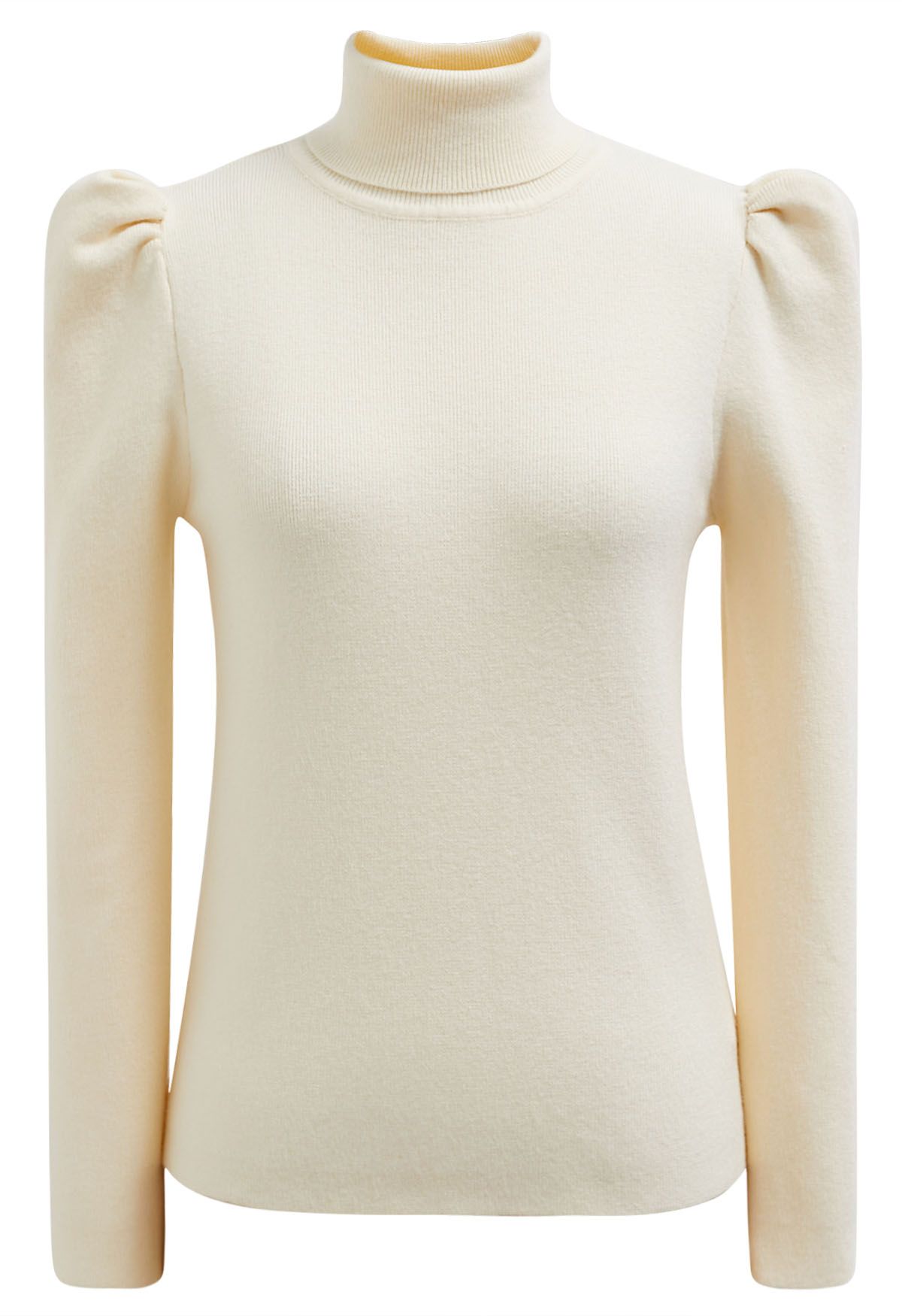 Turtleneck Gigot Sleeve Knit Top in Cream