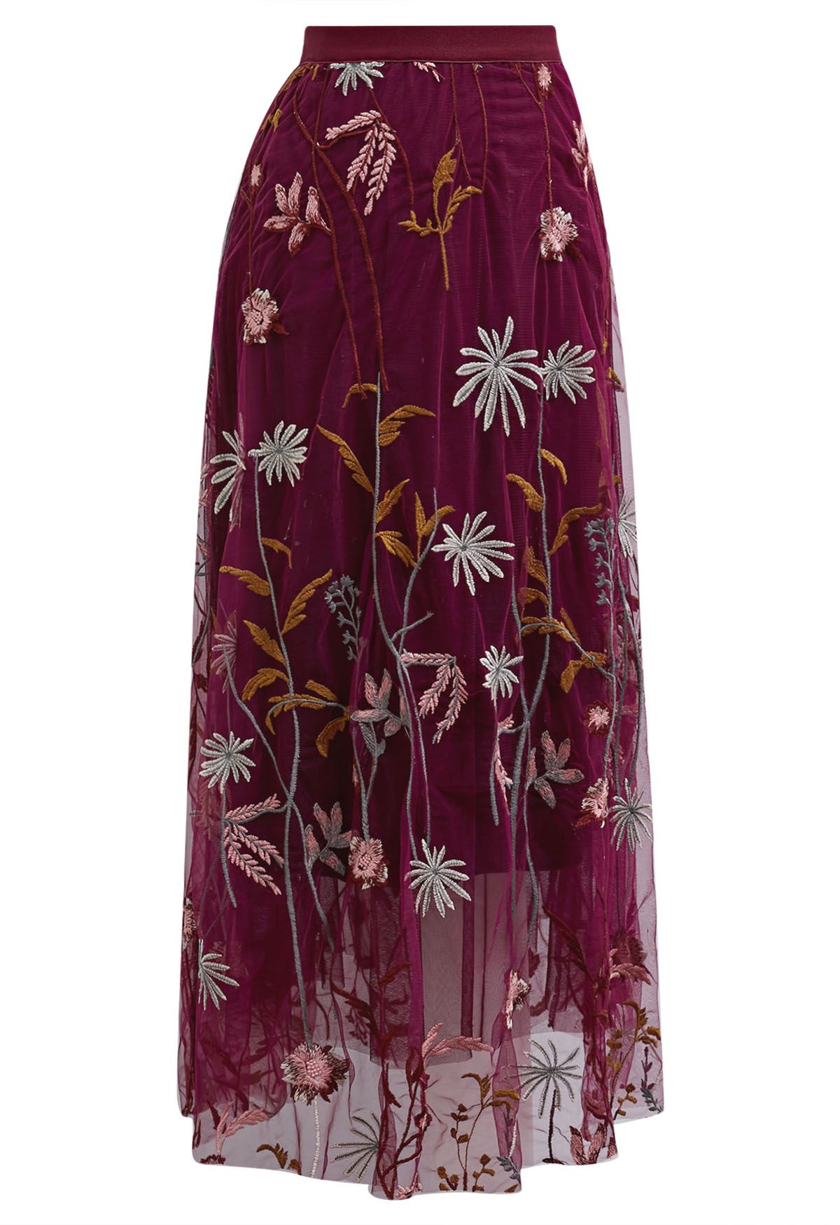 Whimsical Flowers Embroidered Mesh Tulle Midi Skirt in Burgundy