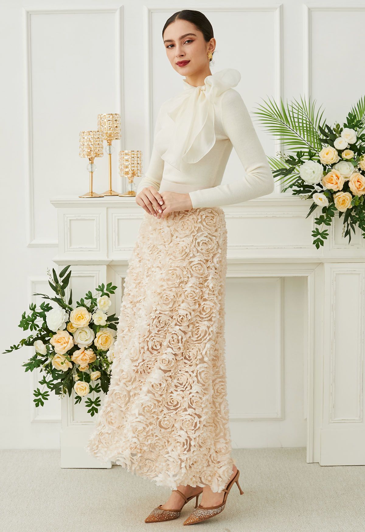 Rose Petal Embellished Mesh Maxi Skirt in Apricot