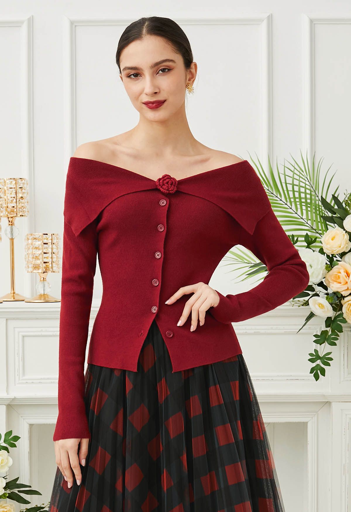 Floral Brooch Off-Shoulder Buttoned Knit Top in Red