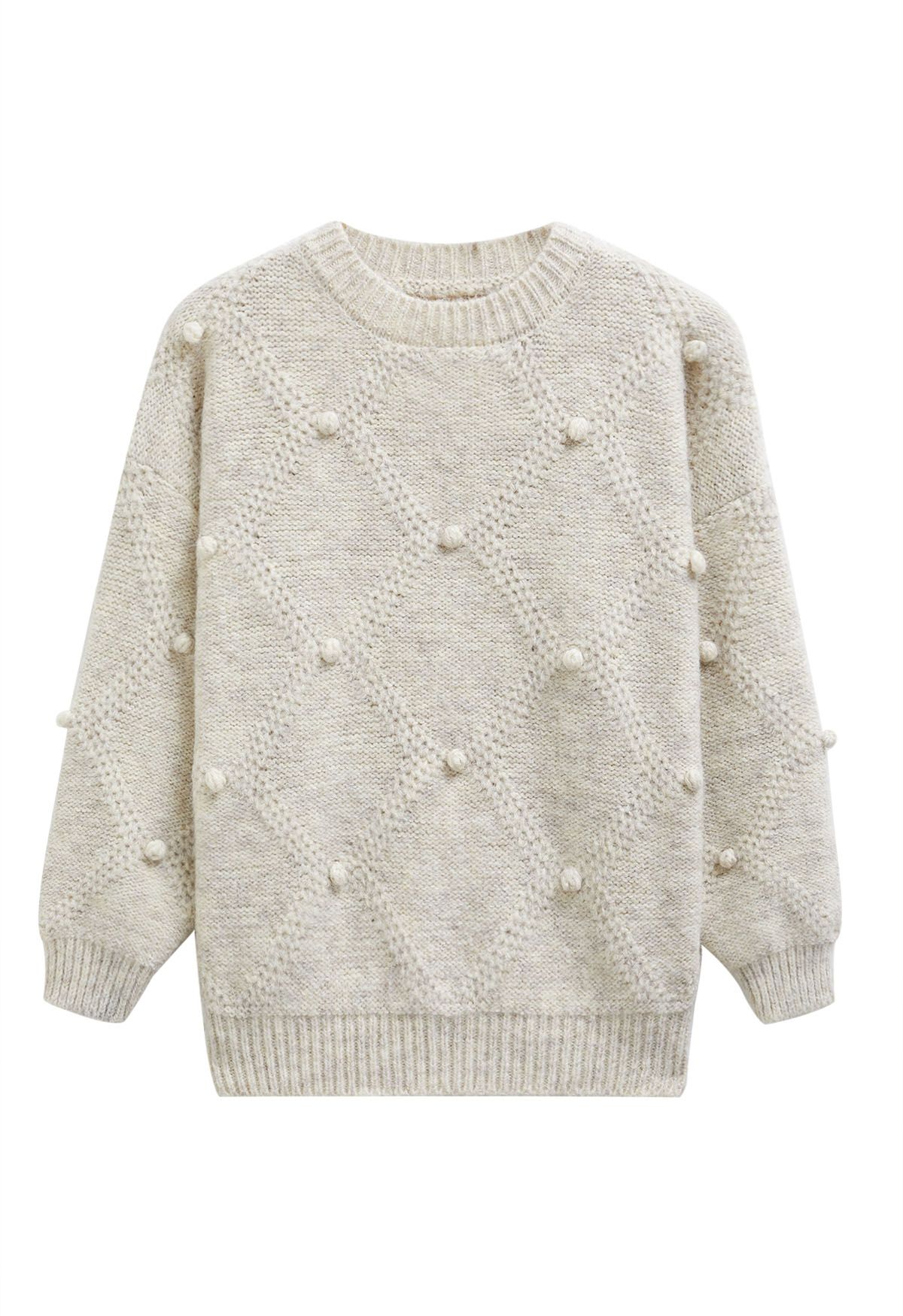 Diamond Pom-Pom Knit Sweater in Oatmeal