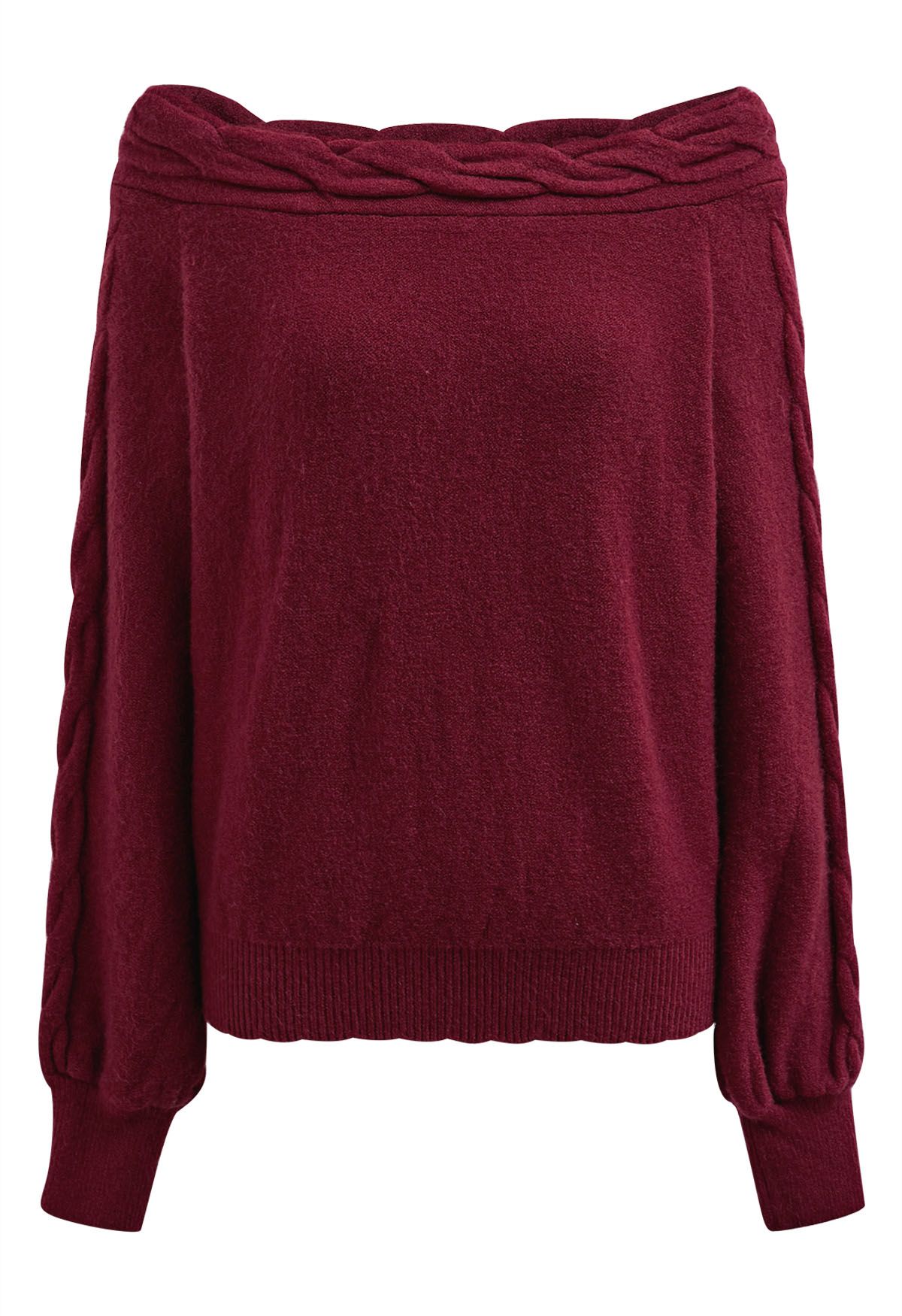 Bask in Winter Off-Shoulder Cable Knit Sweater in Red