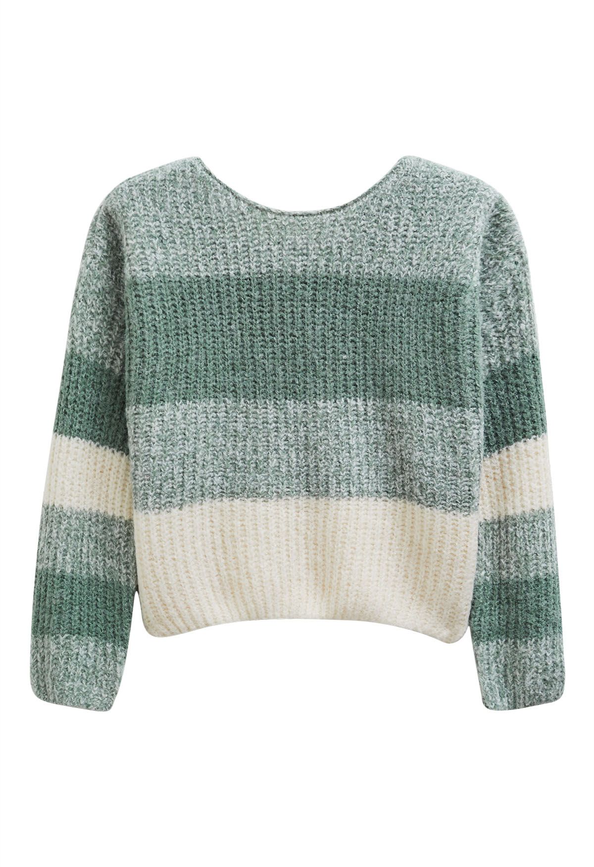 Fuzzy Contrast Stripe Ribbed Knit Sweater in Sage