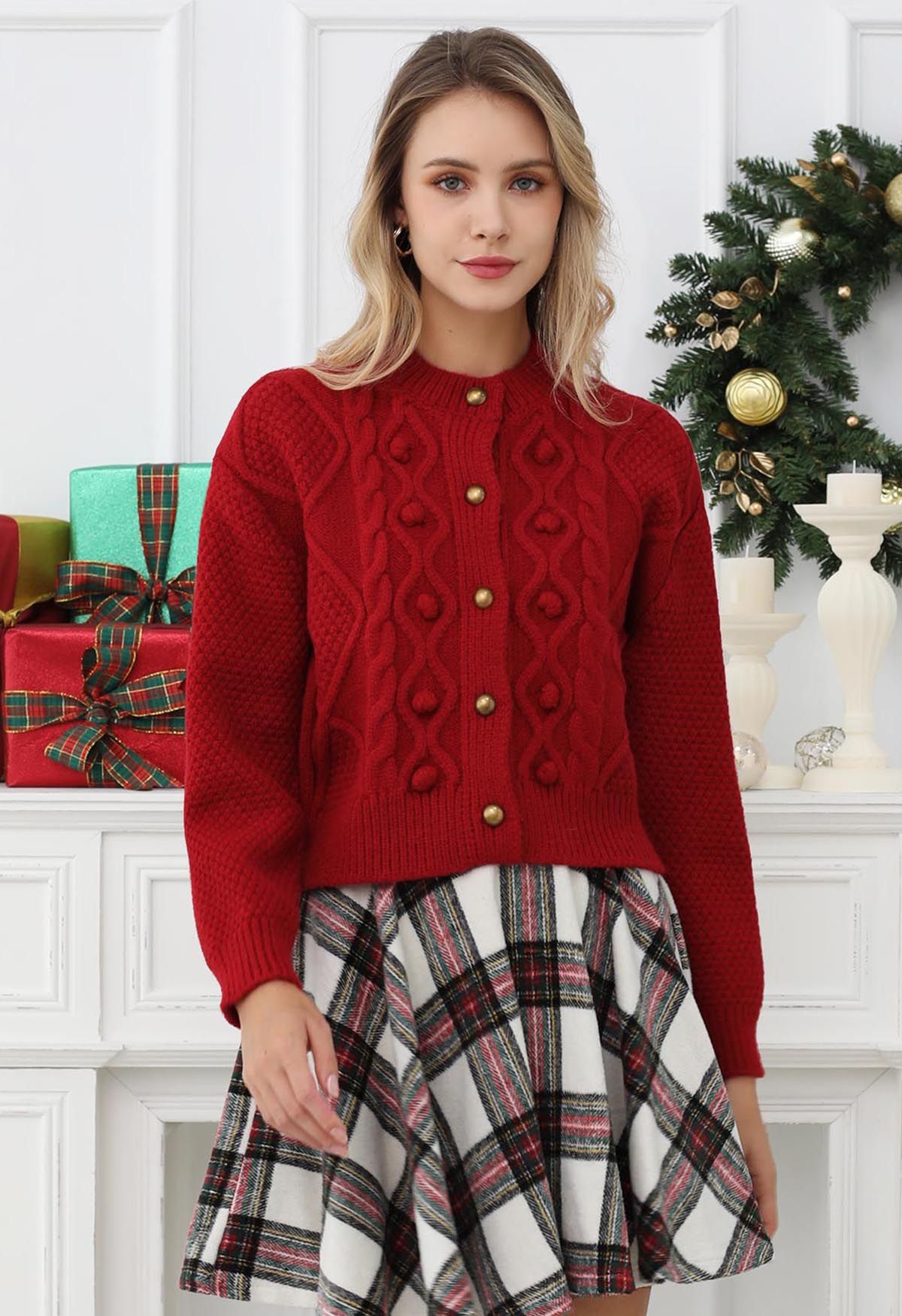 Euphoric Pom-Pom Waffle Knit Crop Cardigan in Red