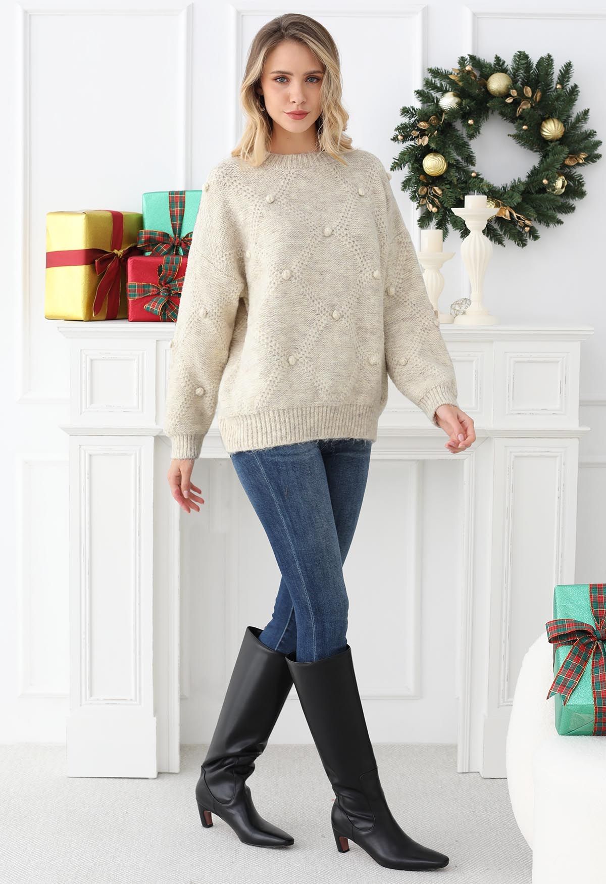 Diamond Pom-Pom Knit Sweater in Oatmeal