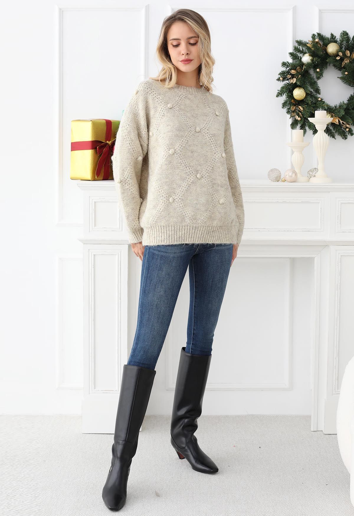 Diamond Pom-Pom Knit Sweater in Oatmeal