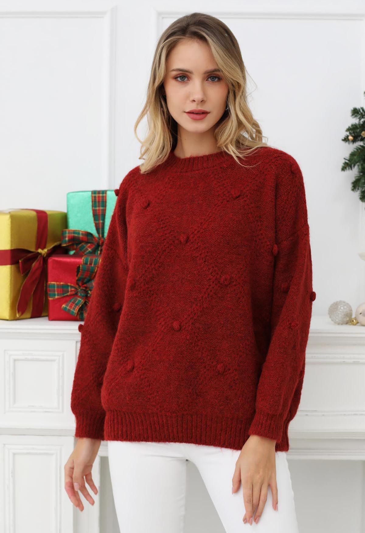 Diamond Pom-Pom Knit Sweater in Red