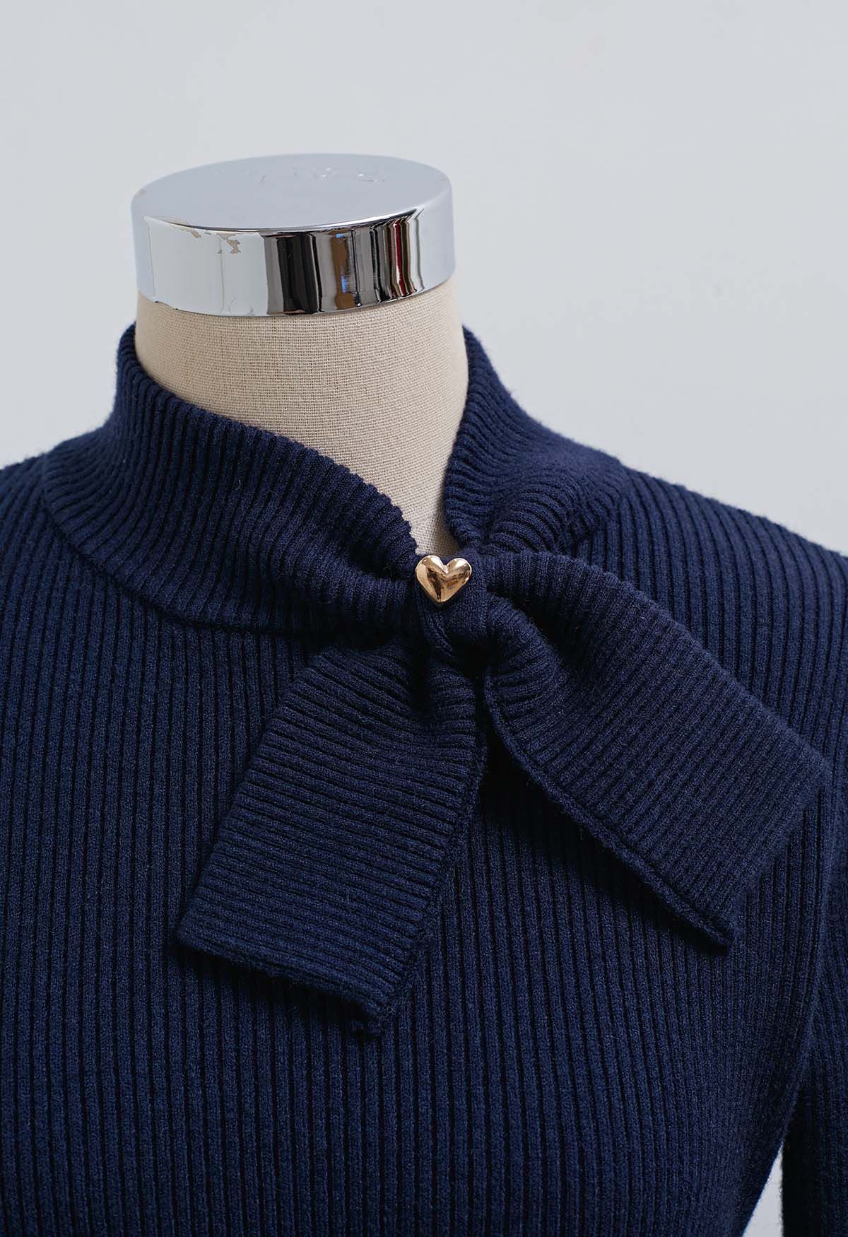 Heart Button Bowknot Ribbed Knit Top in Navy