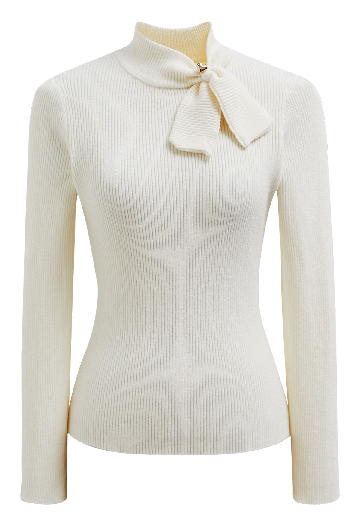 Heart Button Bowknot Ribbed Knit Top in Cream