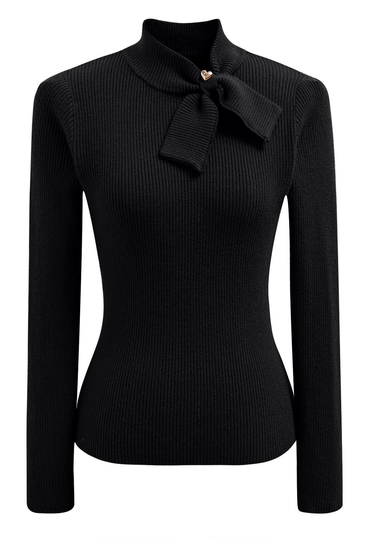 Heart Button Bowknot Ribbed Knit Top in Black