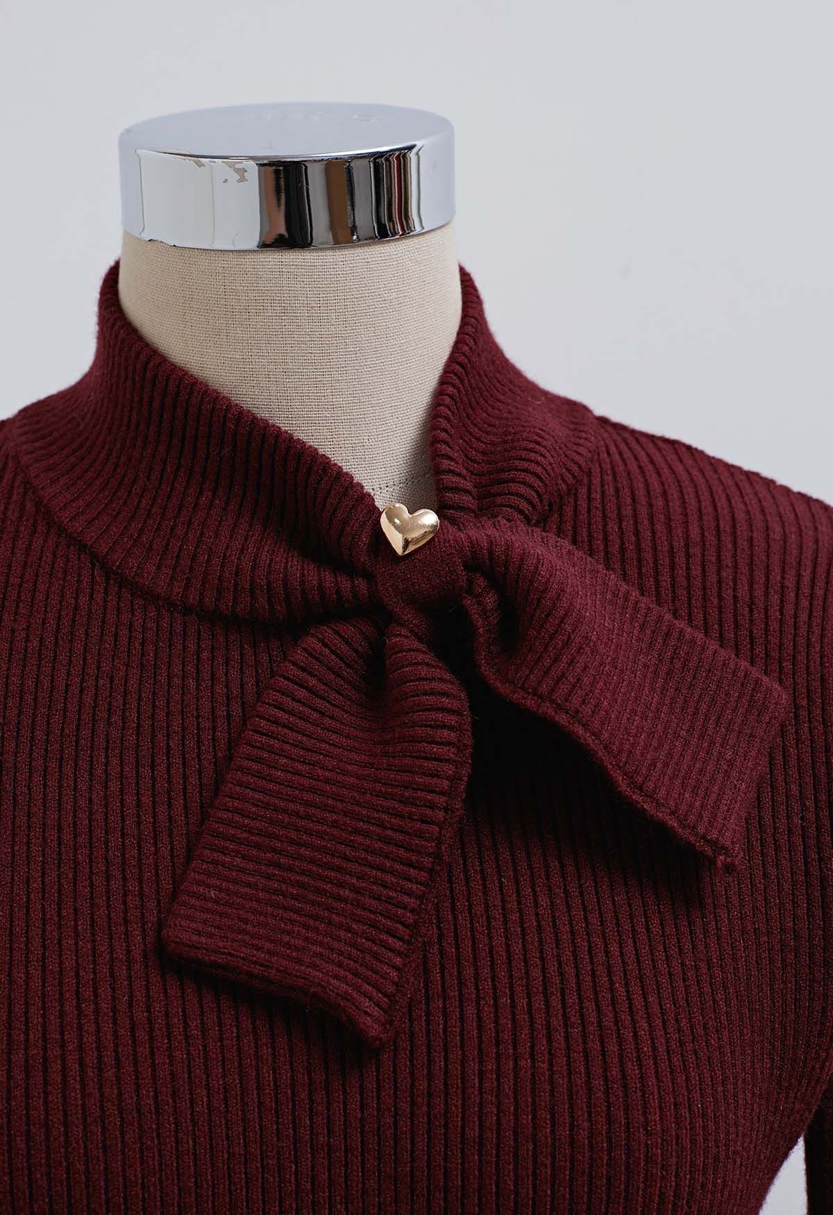 Heart Button Bowknot Ribbed Knit Top in Burgundy