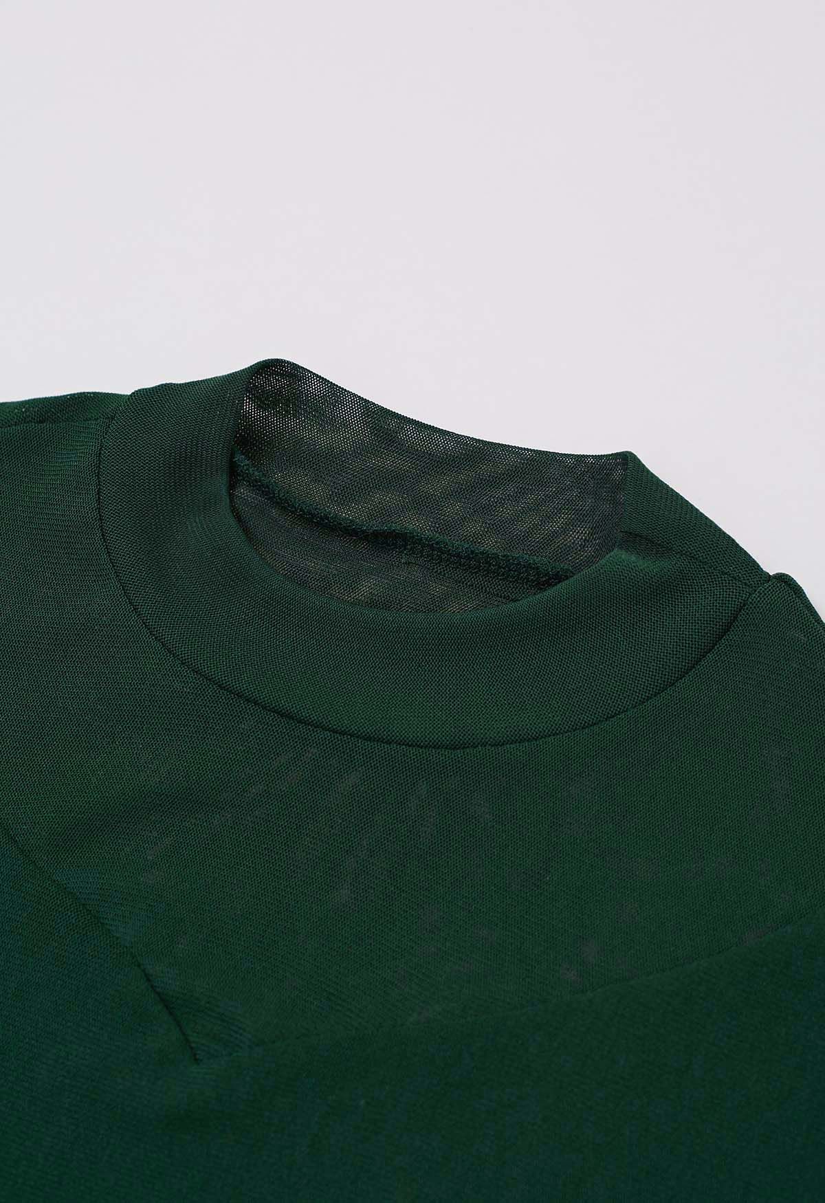 Double-Layered Mesh Spliced Fitted Top in Green