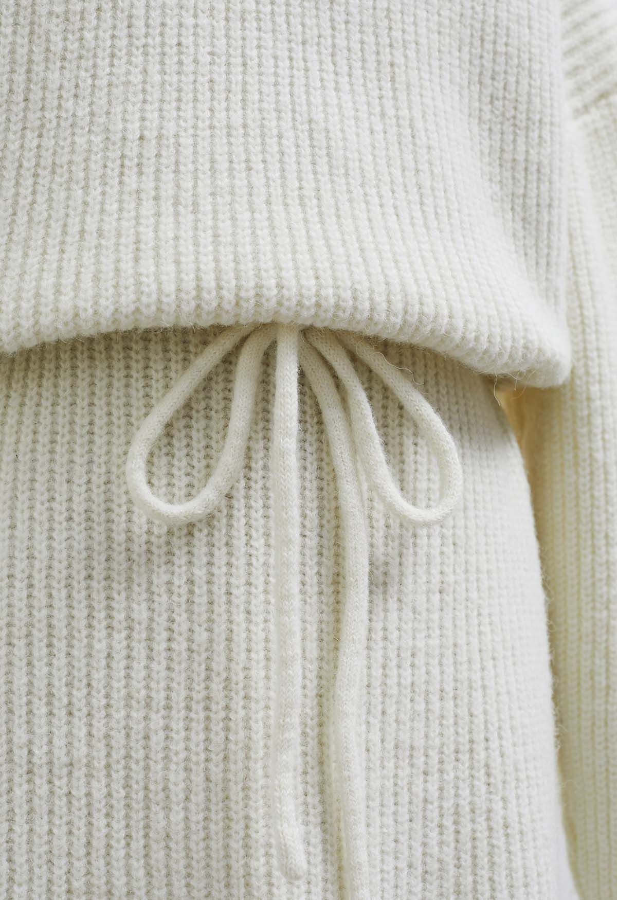 Drawstring Waist Hooded Ribbed Knit Sweater Dress in White