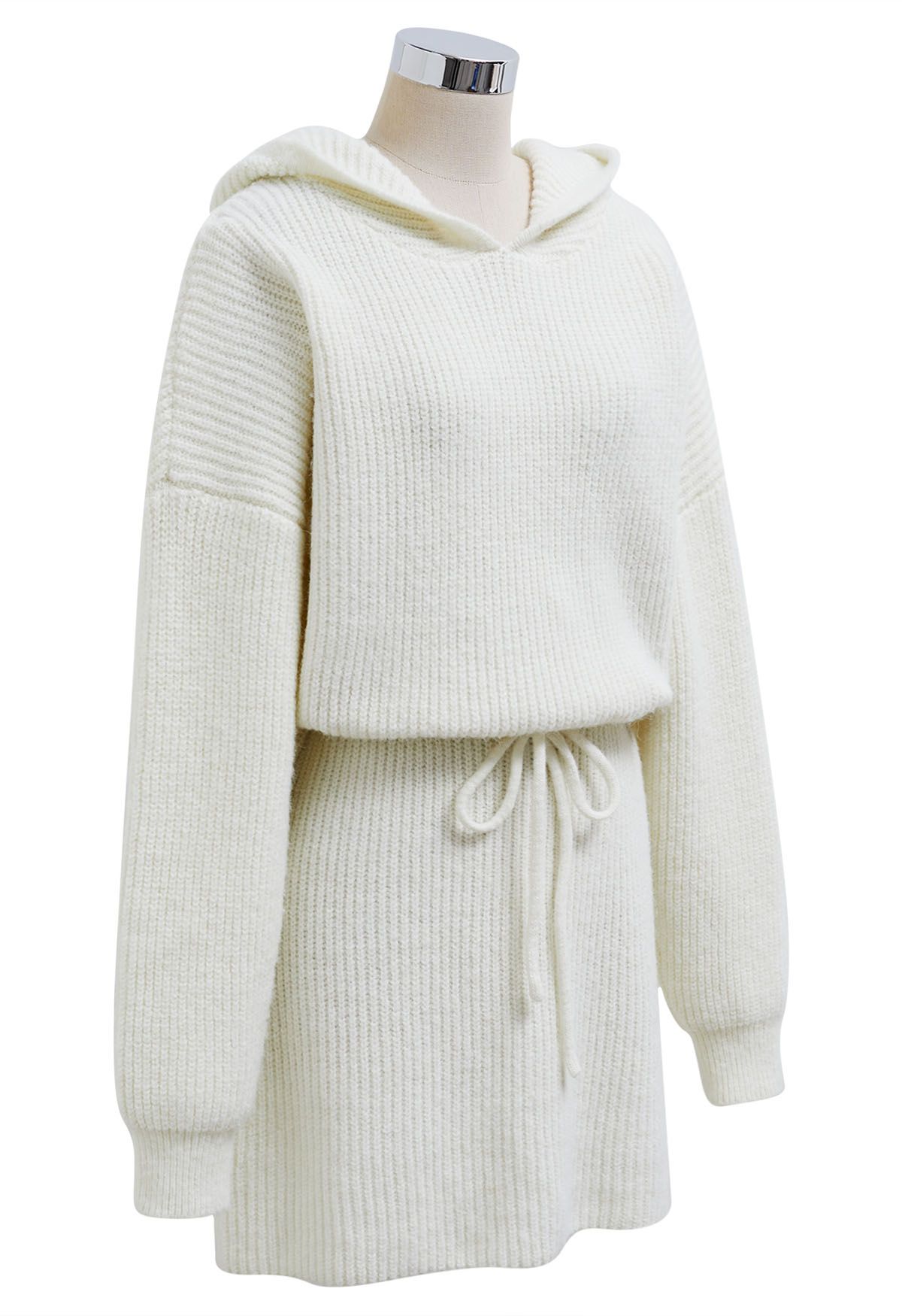 Drawstring Waist Hooded Ribbed Knit Sweater Dress in White