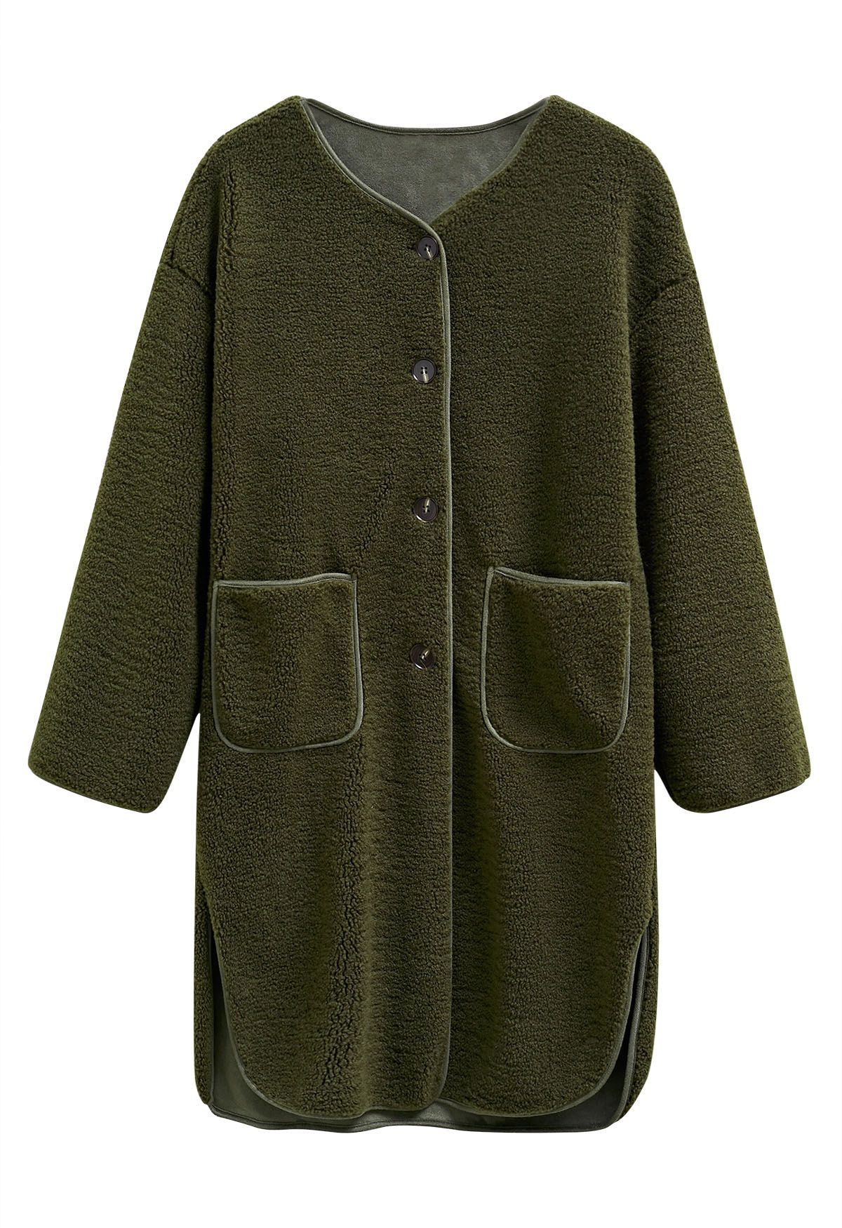 Collarless Button Down Sherpa Longline Coat in Army Green