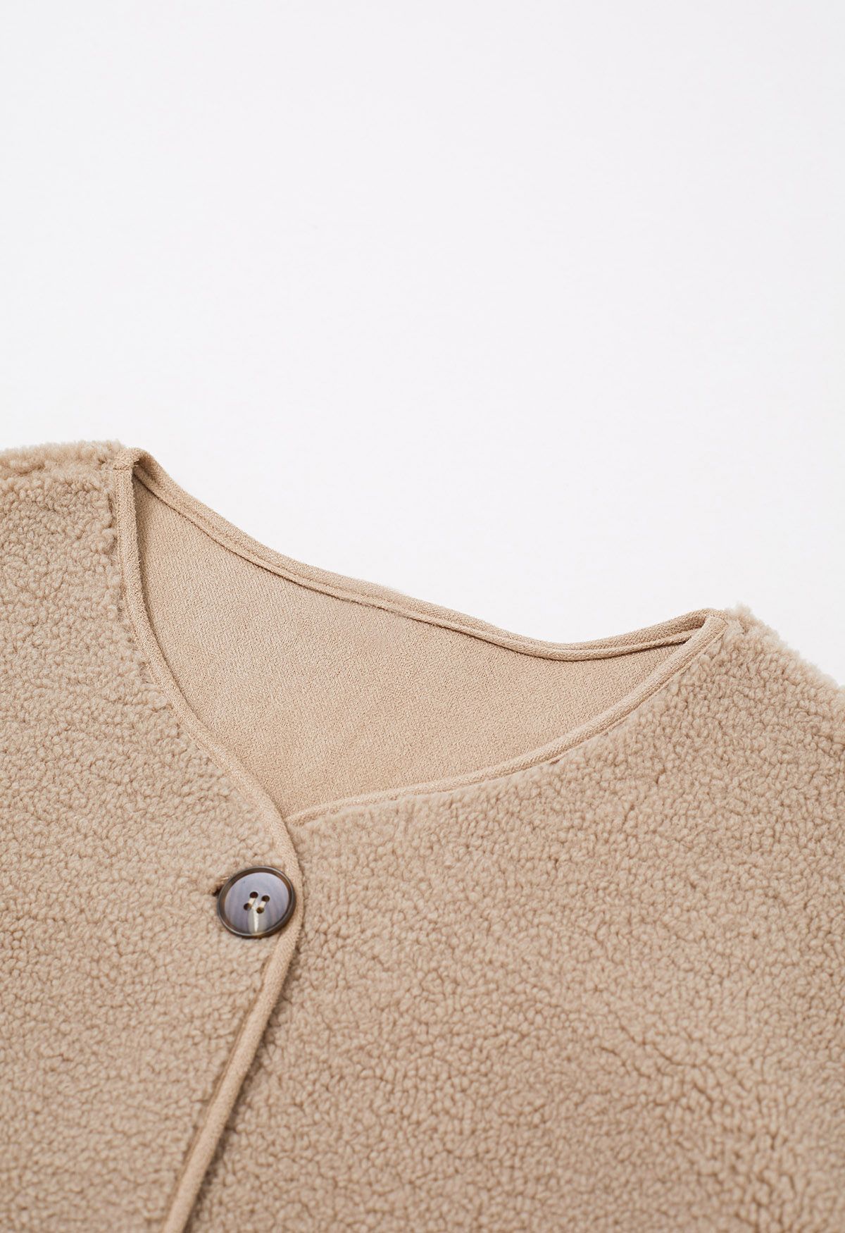 Collarless Button Down Sherpa Longline Coat in Khaki