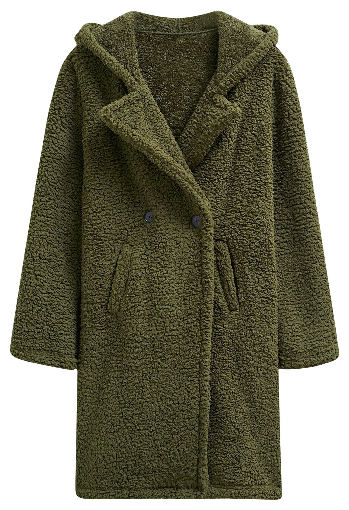 Warmth You Can Wear Hooded Sherpa Coat in Olive