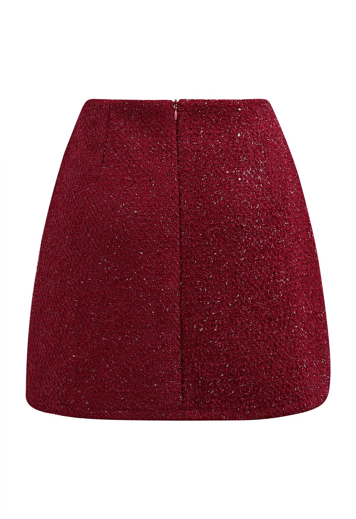 Sequin Fringe Decor Tweed Mini Bud Skirt in Red