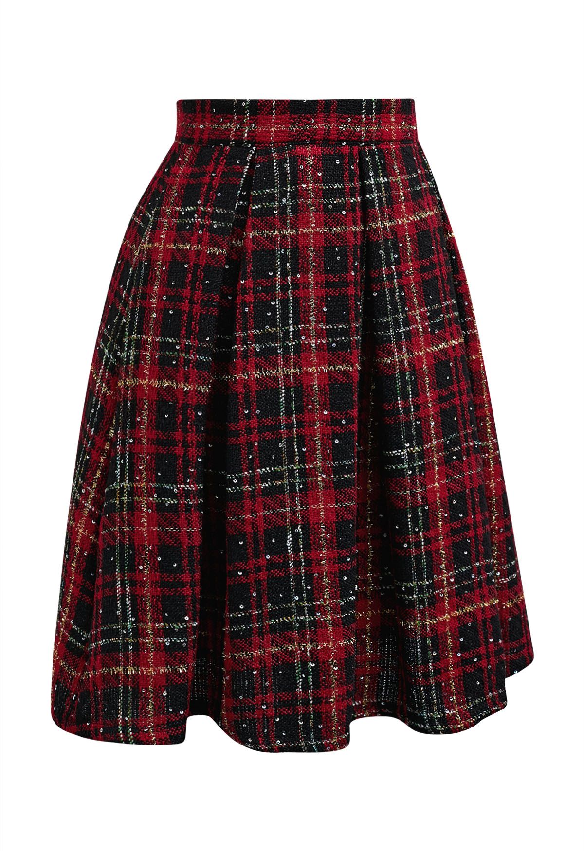 Shining Plaid High Waist Pleated Tweed Skirt in Red