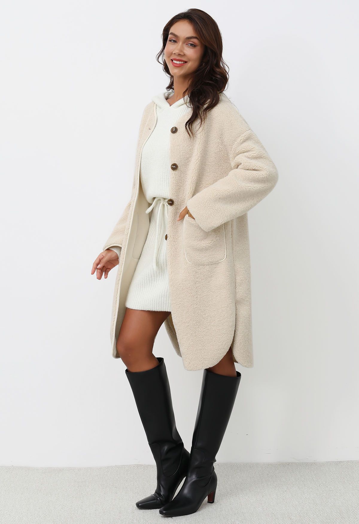 Collarless Button Down Sherpa Longline Coat in Ivory