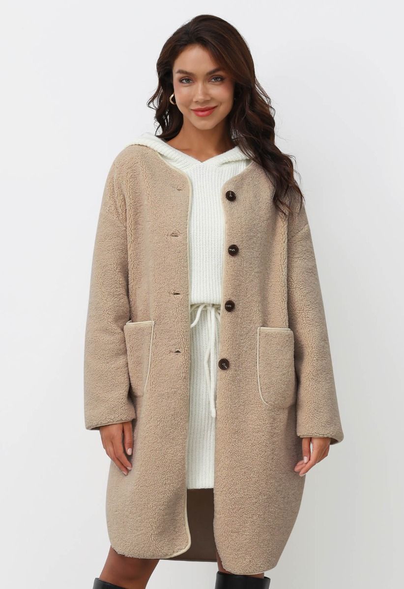 Collarless Button Down Sherpa Longline Coat in Khaki