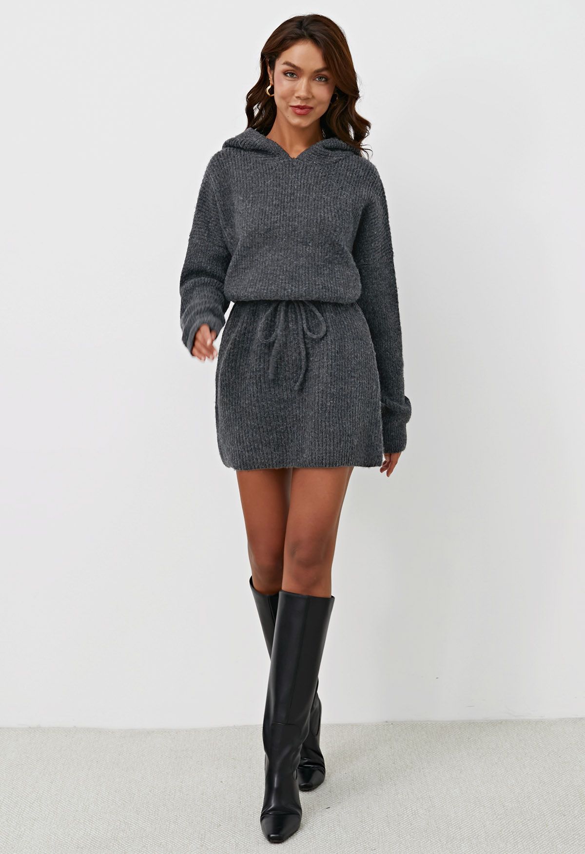 Drawstring Waist Hooded Ribbed Knit Sweater Dress in Smoke