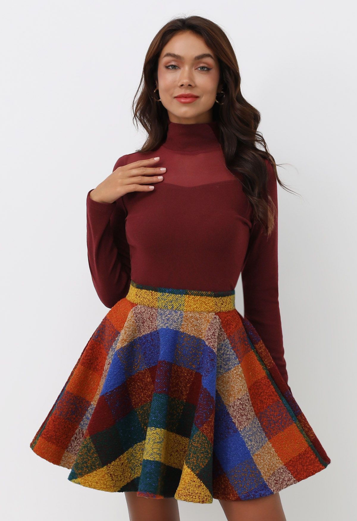 Chromatic Check Wool-Blend Flare Mini Skirt