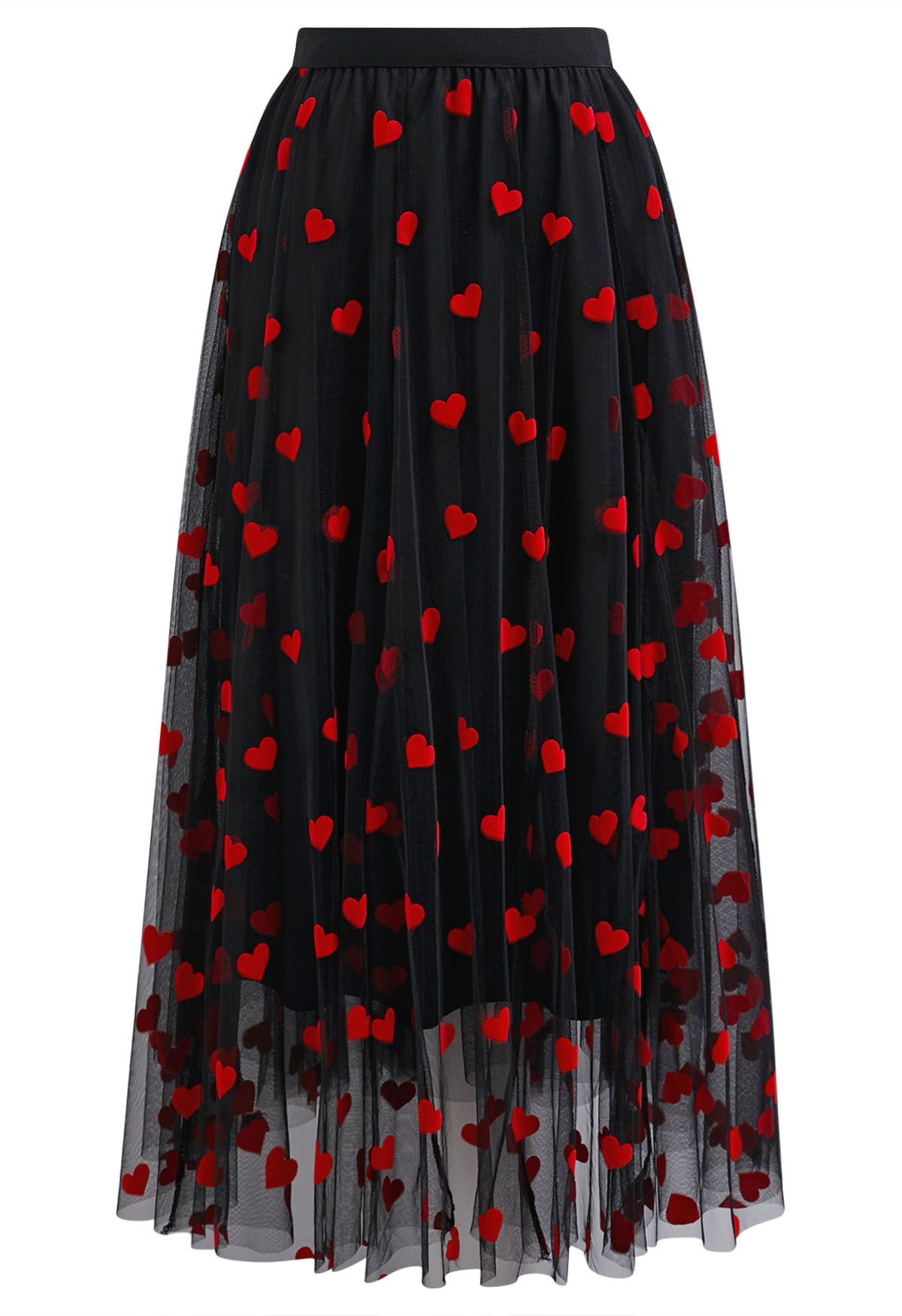 3D Heart Double-Layered Mesh Maxi Skirt in Black