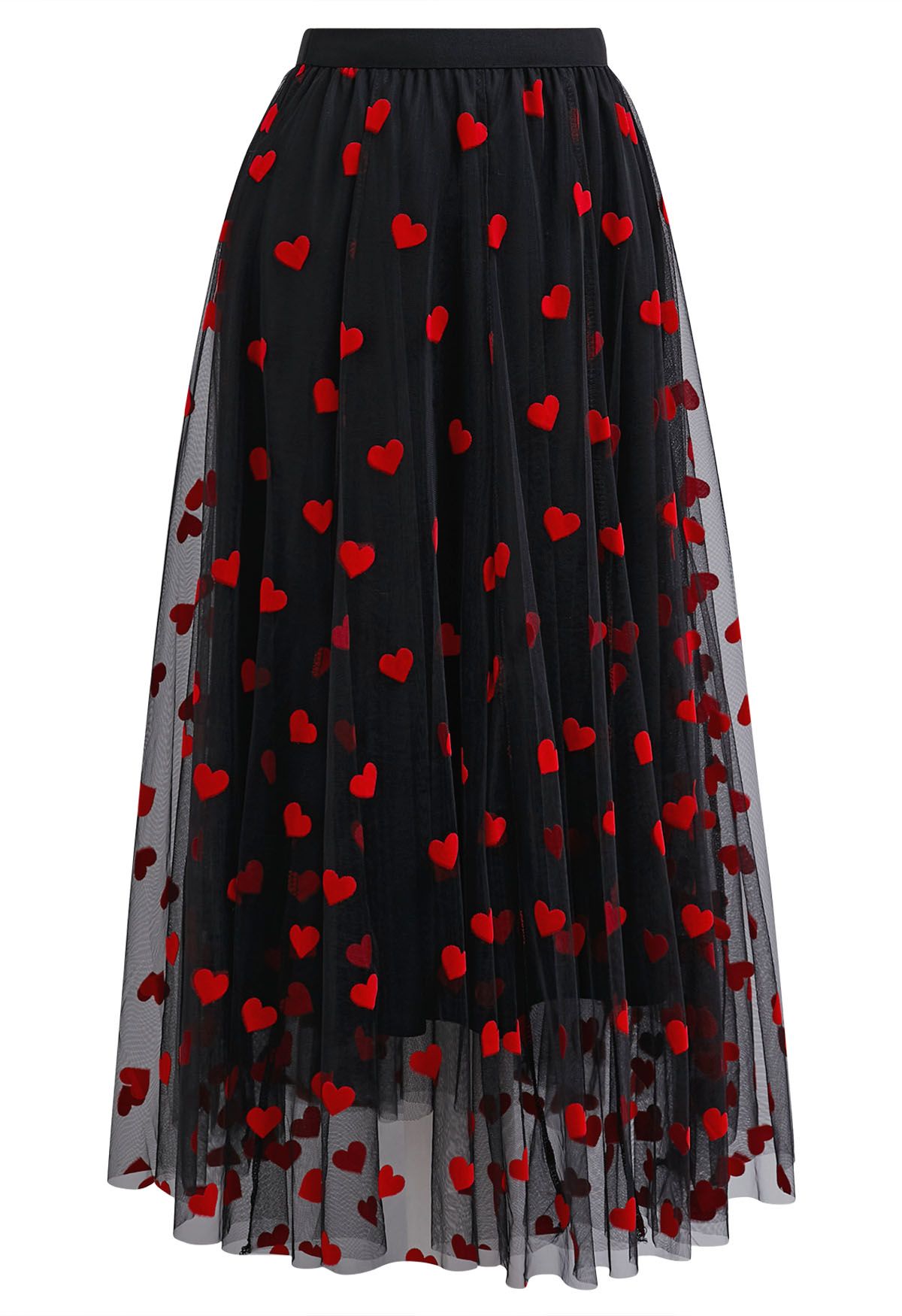 3D Heart Double-Layered Mesh Maxi Skirt in Black