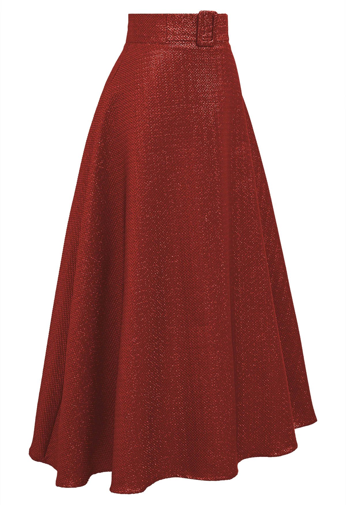 Metallic Embossed Belted A-Line Maxi Skirt in Red