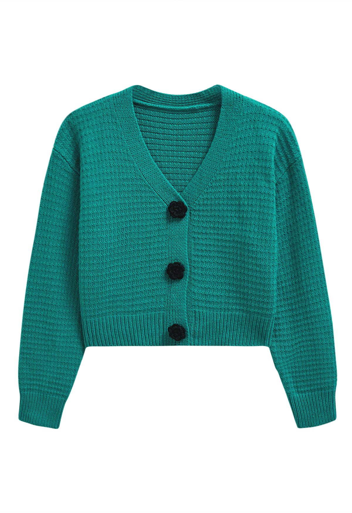 Stitch Rose Buttoned Crop Knit Cardigan in Teal